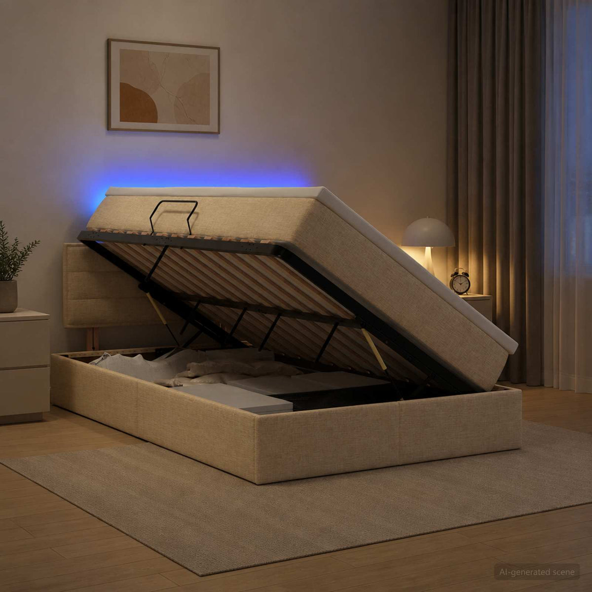 LED Κρεβάτι αποθήκευσης με στρώμα Κρεμ 120 x 190 cm Ύφασμα - Pakobazaar