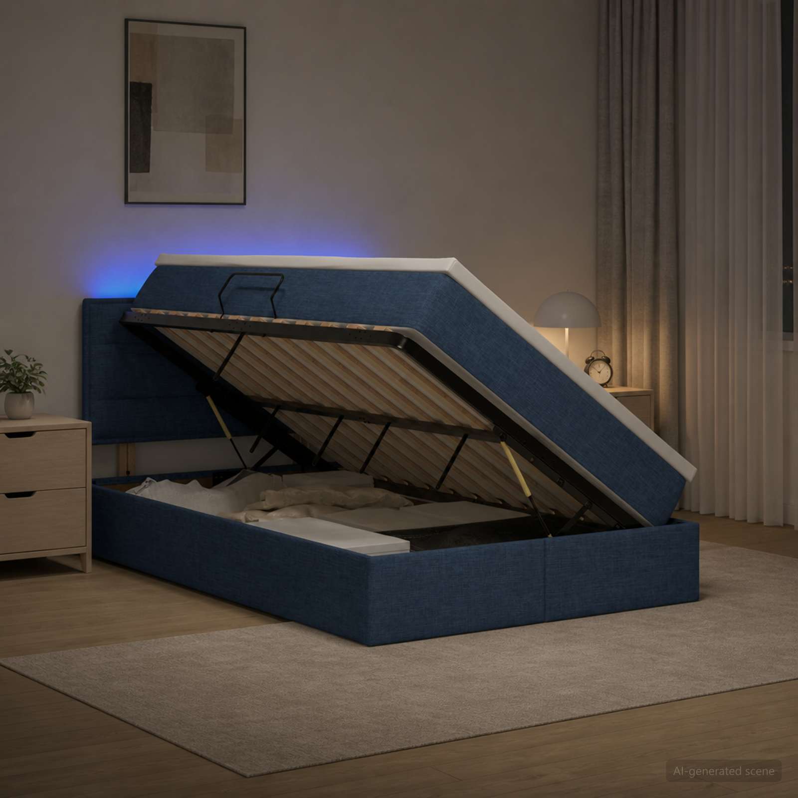 LED Κρεβάτι αποθήκευσης με στρώμα Μπλε 120 x 190 cm Ύφασμα - Pakobazaar