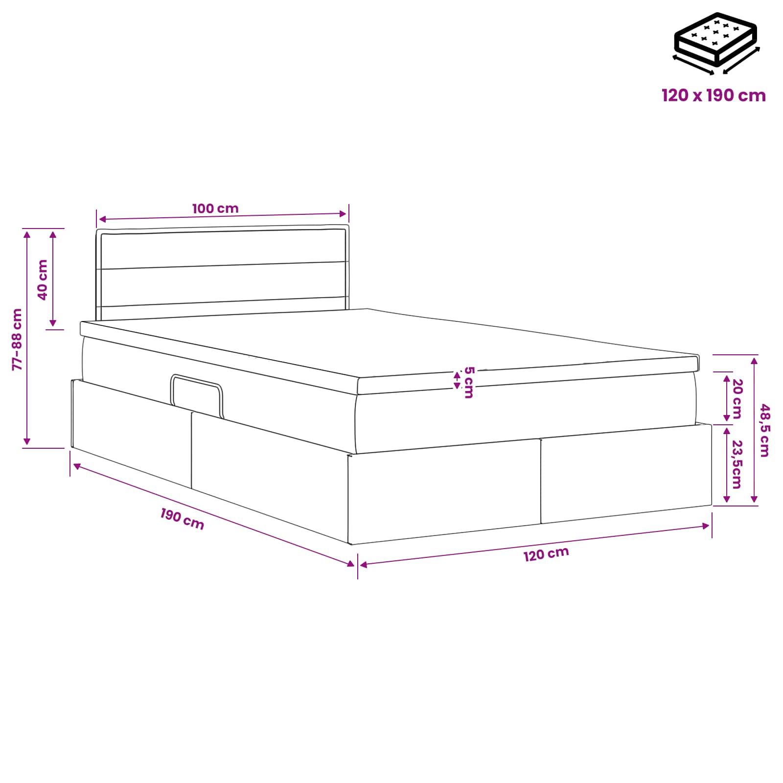 LED Κρεβάτι αποθήκευσης με στρώμα Μπλε 120 x 190 cm Ύφασμα