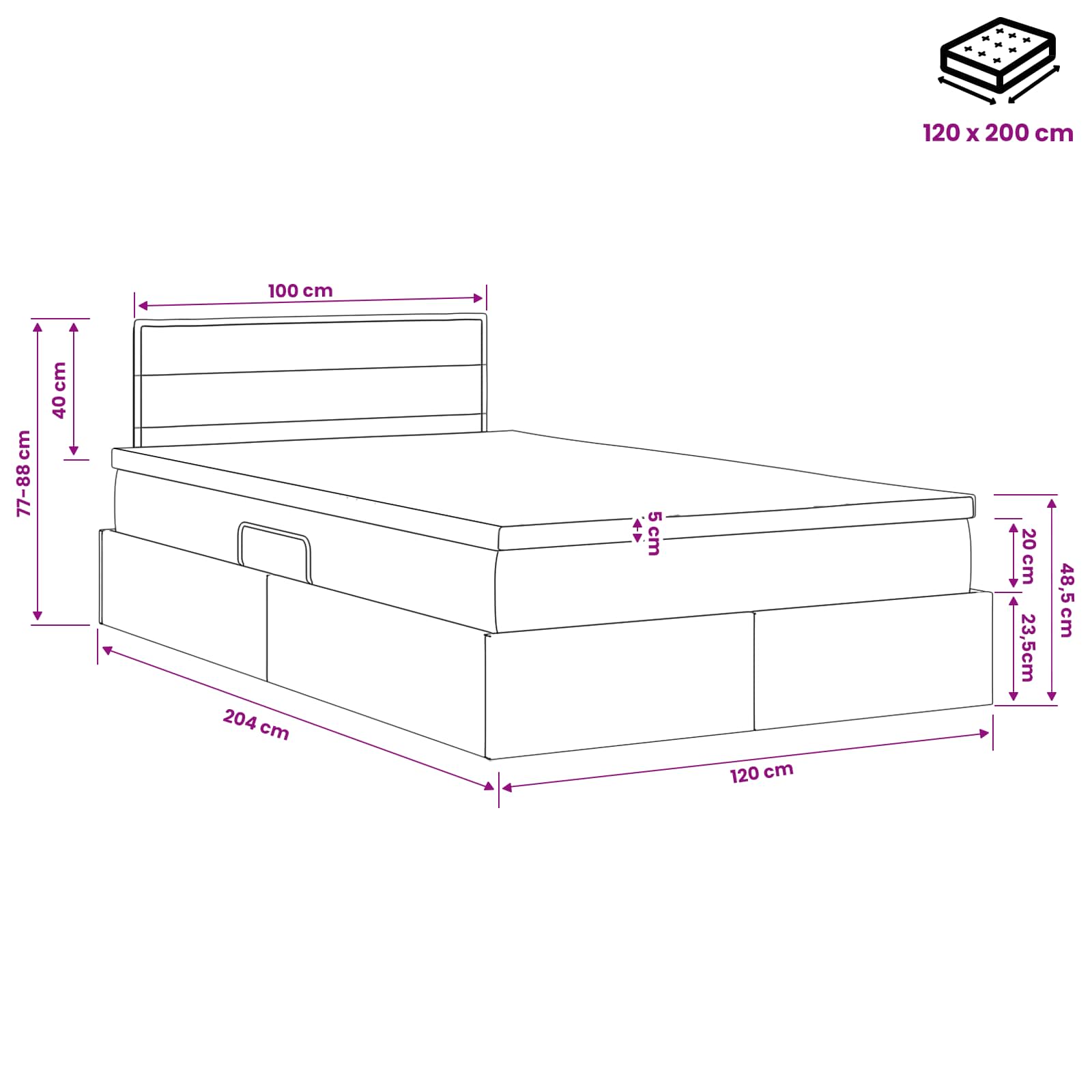 LED Κρεβάτι αποθήκευσης με στρώμα Taupe 120 x 200 cm Ύφασμα - Pakobazaar