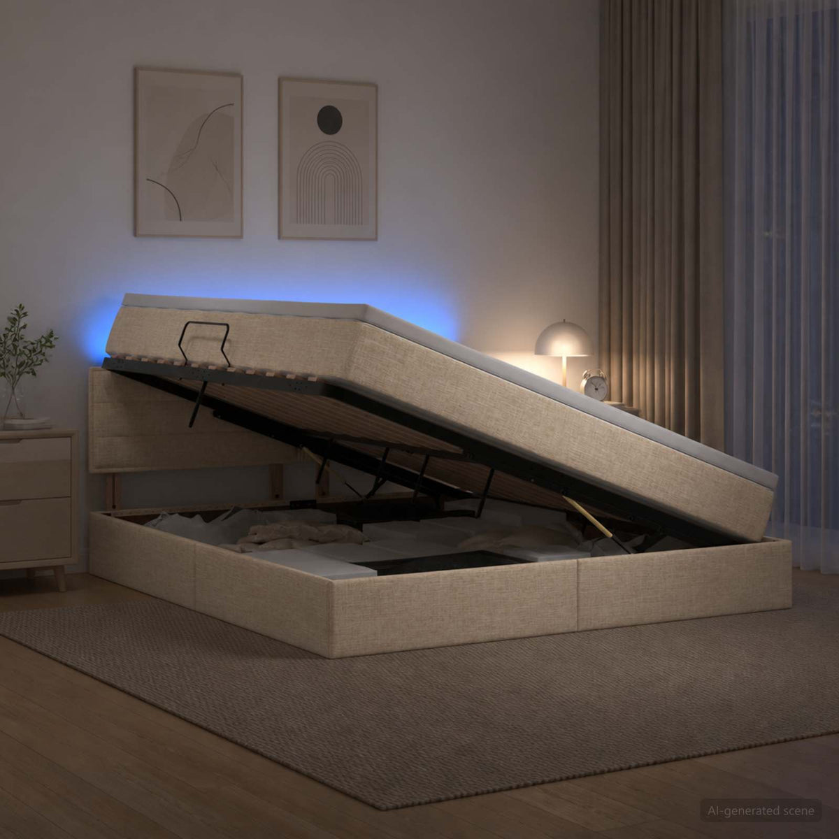 LED Κρεβάτι αποθήκευσης με στρώμα Κρεμ 180 x 200 cm Ύφασμα - Pakobazaar