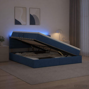 LED Κρεβάτι αποθήκευσης με στρώμα Μπλε 160 x 200 cm Ύφασμα - Pakobazaar