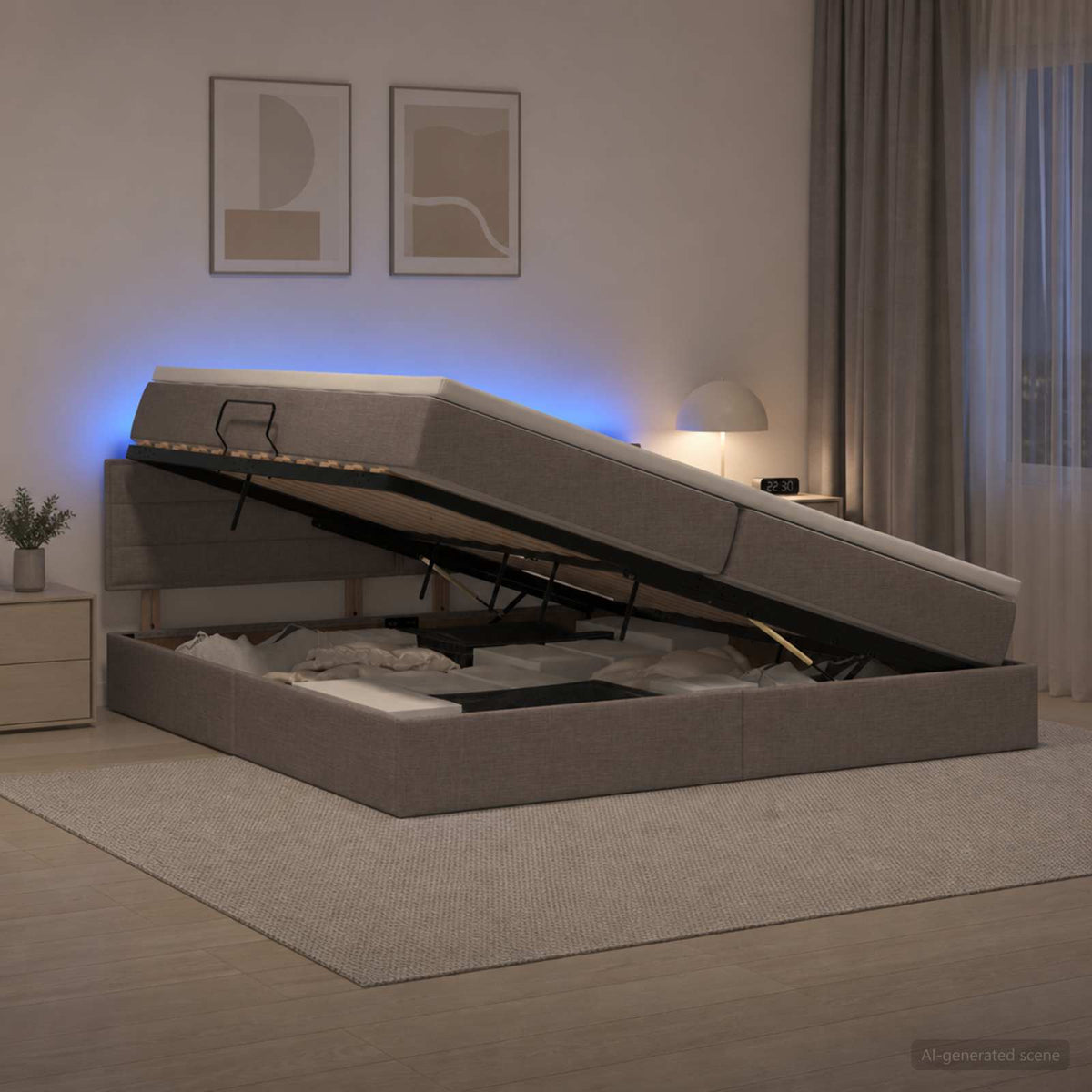 LED Κρεβάτι αποθήκευσης με στρώμα Taupe 200 x 200 cm Ύφασμα