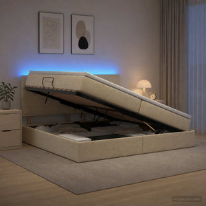 LED Κρεβάτι αποθήκευσης με στρώμα Κρεμ 200 x 200 cm Ύφασμα - Pakobazaar