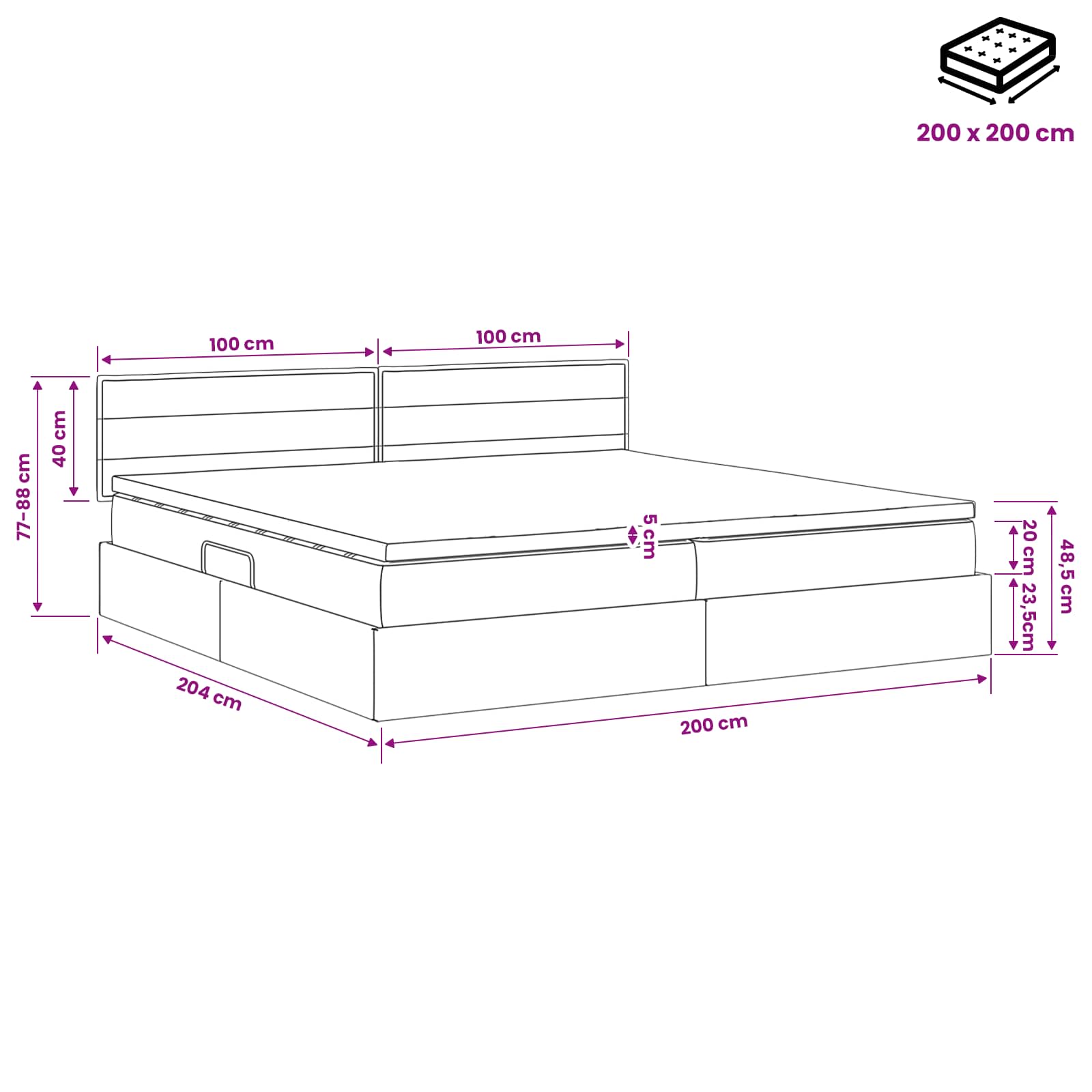 LED Κρεβάτι αποθήκευσης με στρώμα Κρεμ 200 x 200 cm Ύφασμα