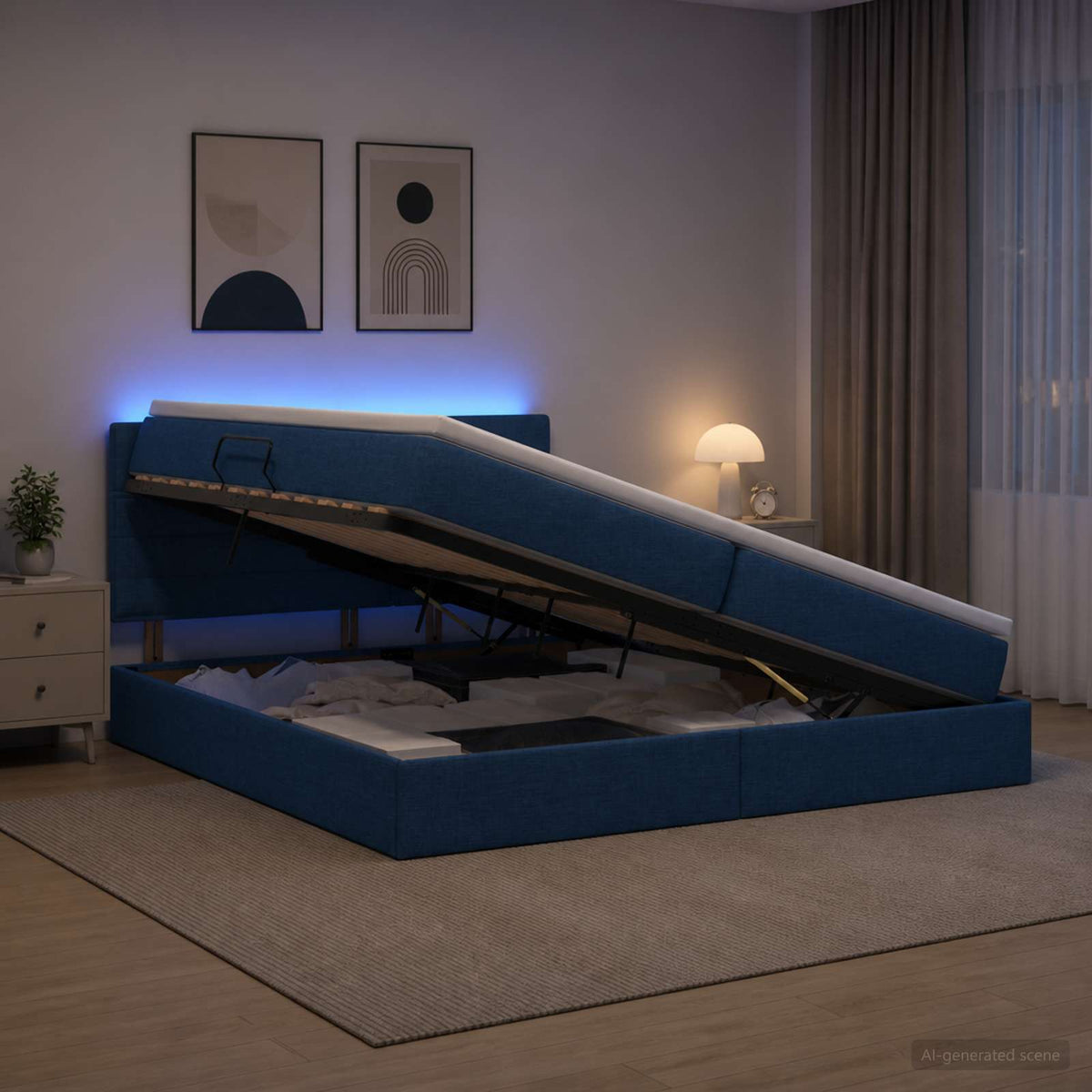 LED Κρεβάτι αποθήκευσης με στρώμα Μπλε 200 x 200 cm Ύφασμα - Pakobazaar