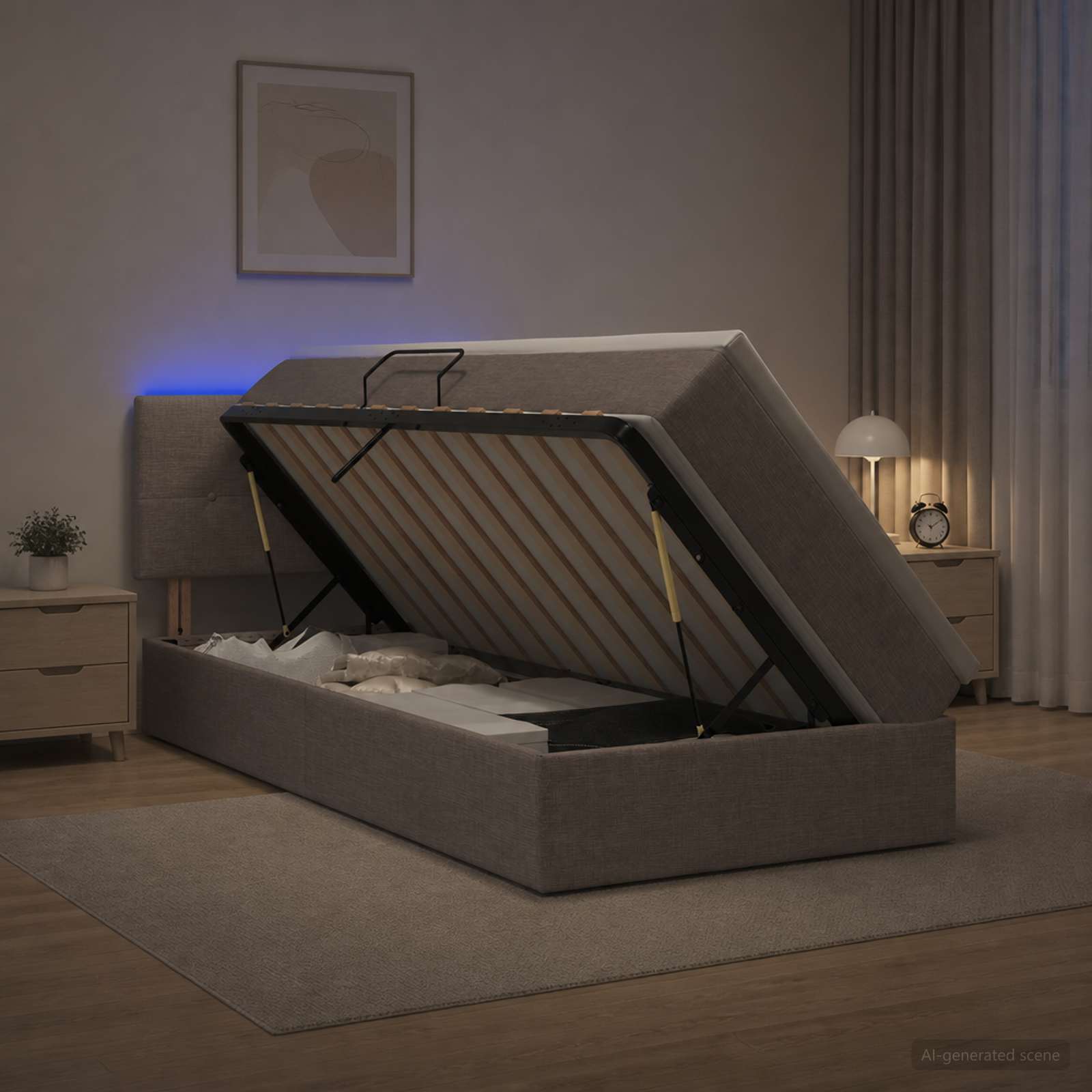 LED Κρεβάτι αποθήκευσης με στρώμα Taupe 100 x 200 cm Ύφασμα - Pakobazaar