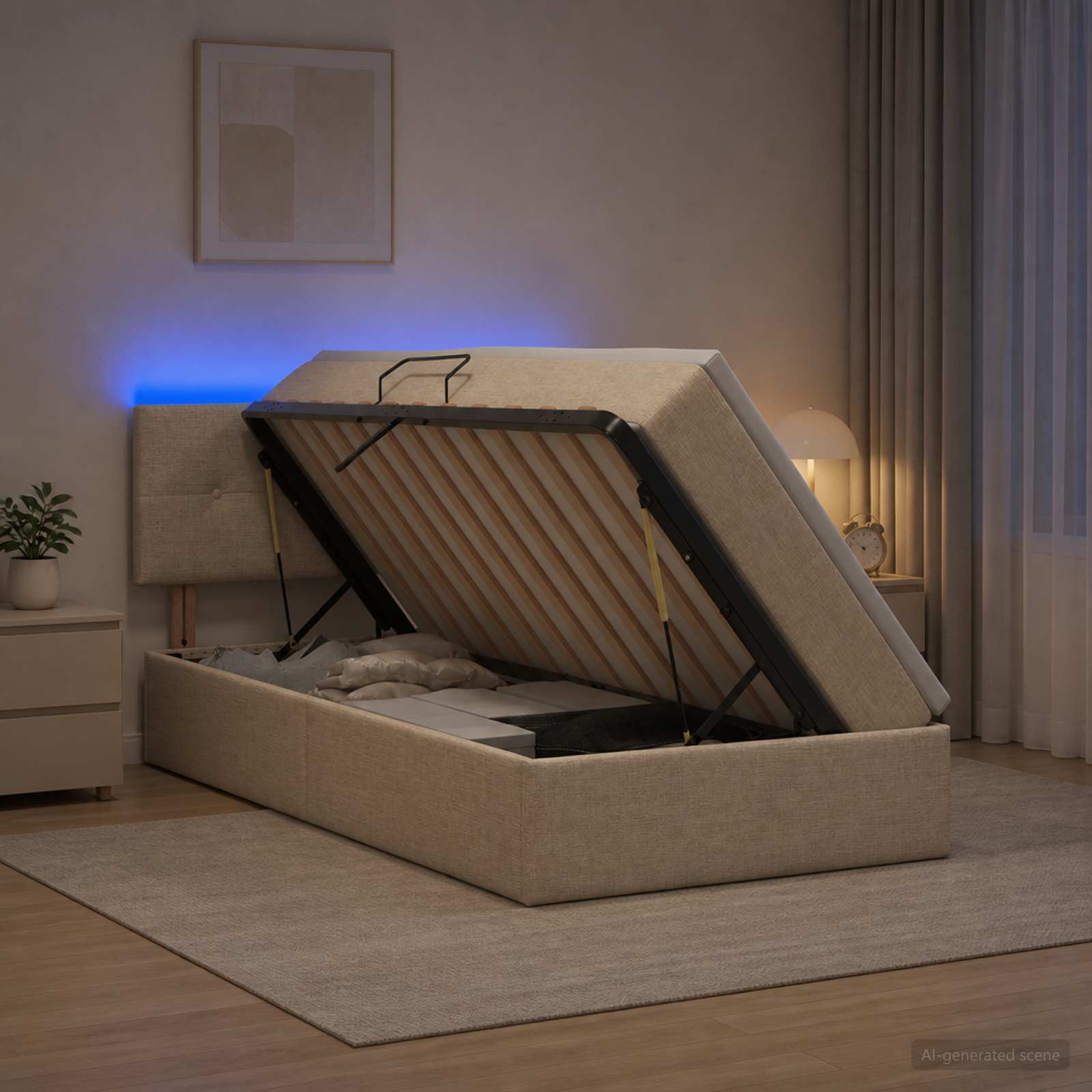LED Κρεβάτι αποθήκευσης με στρώμα Κρεμ 90 x 200 cm Ύφασμα - Pakobazaar