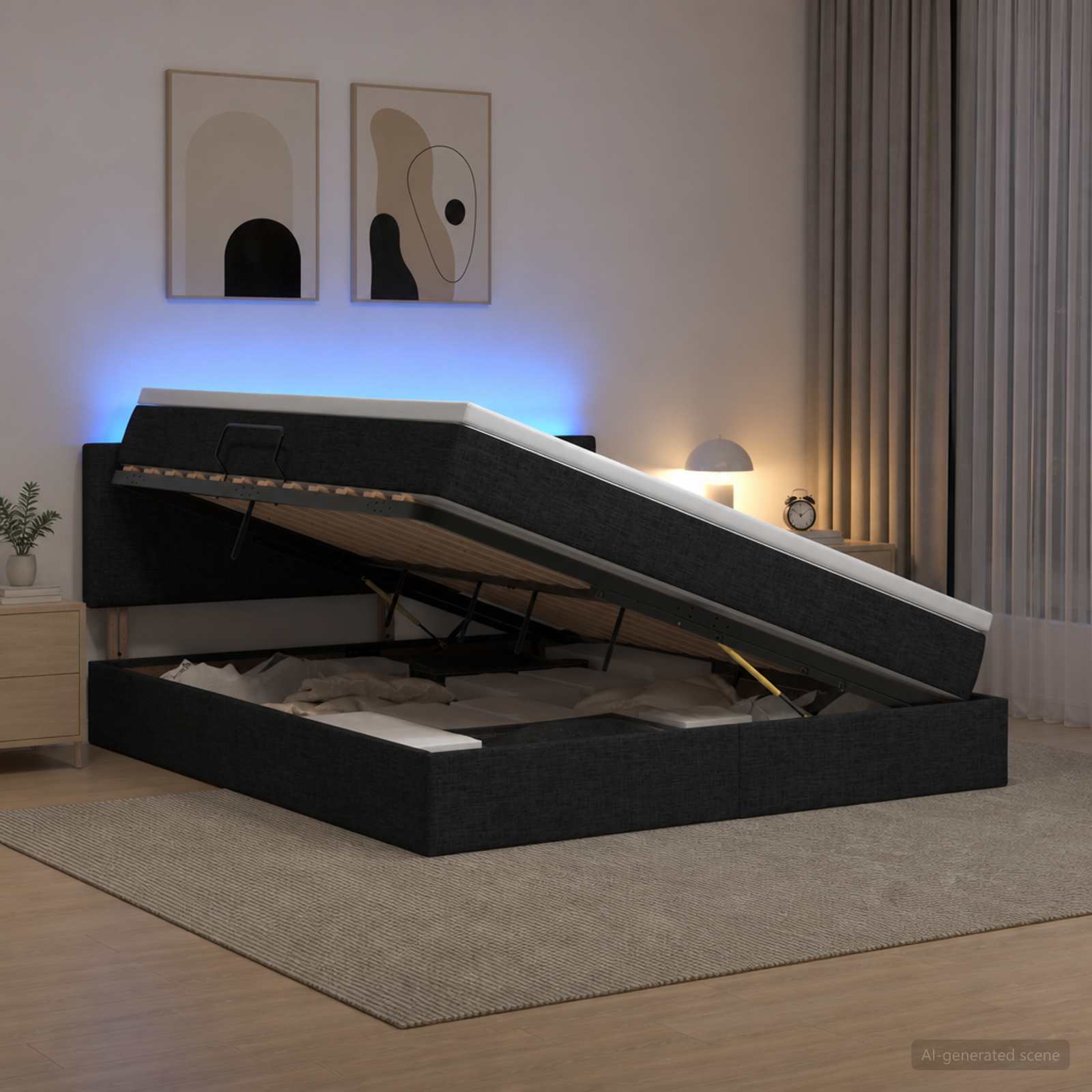 LED Κρεβάτι αποθήκευσης με στρώμα Μαύρο 140 x 190 cm Ύφασμα - Pakobazaar