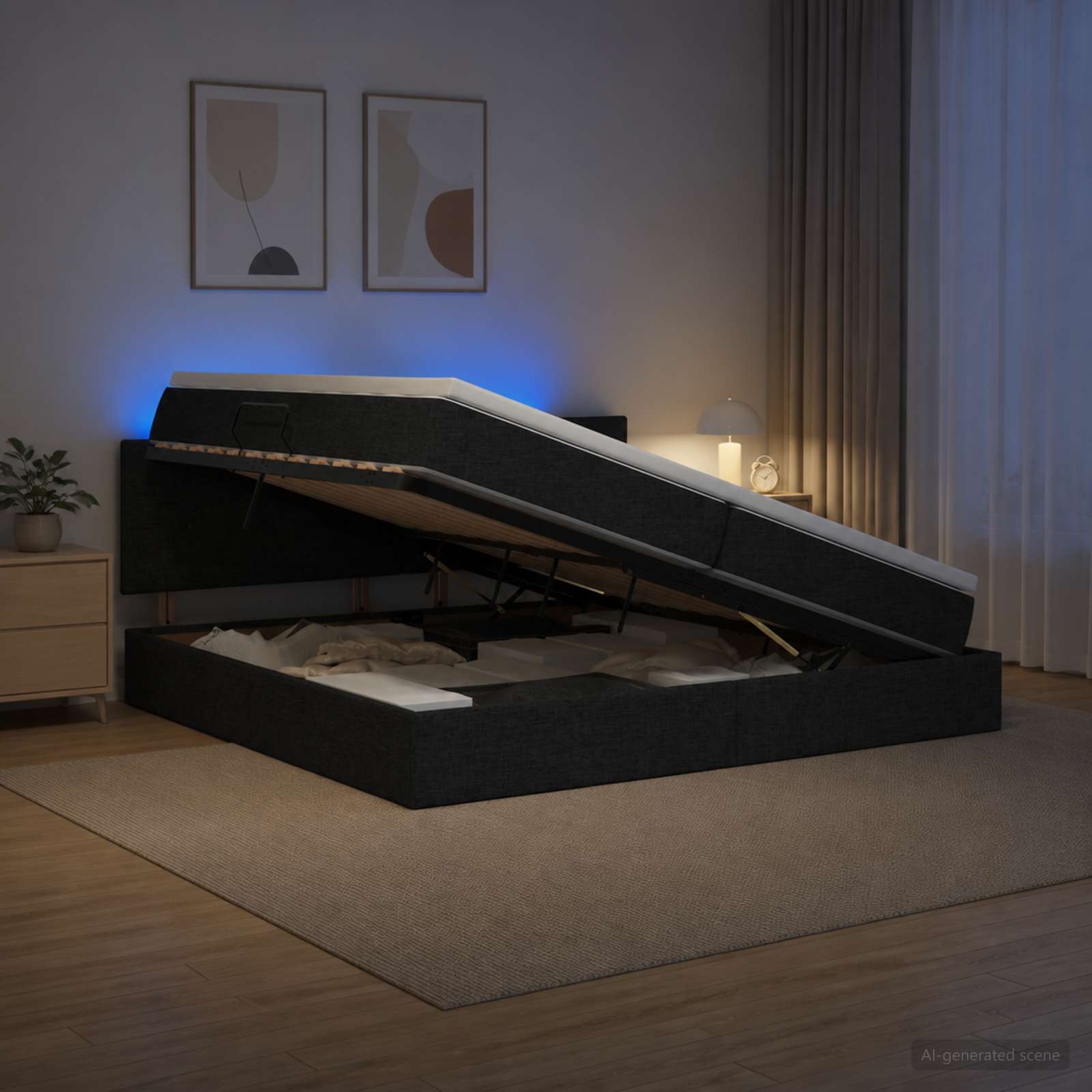 LED Κρεβάτι αποθήκευσης με στρώμα Μαύρο 200 x 200 cm Ύφασμα - Pakobazaar