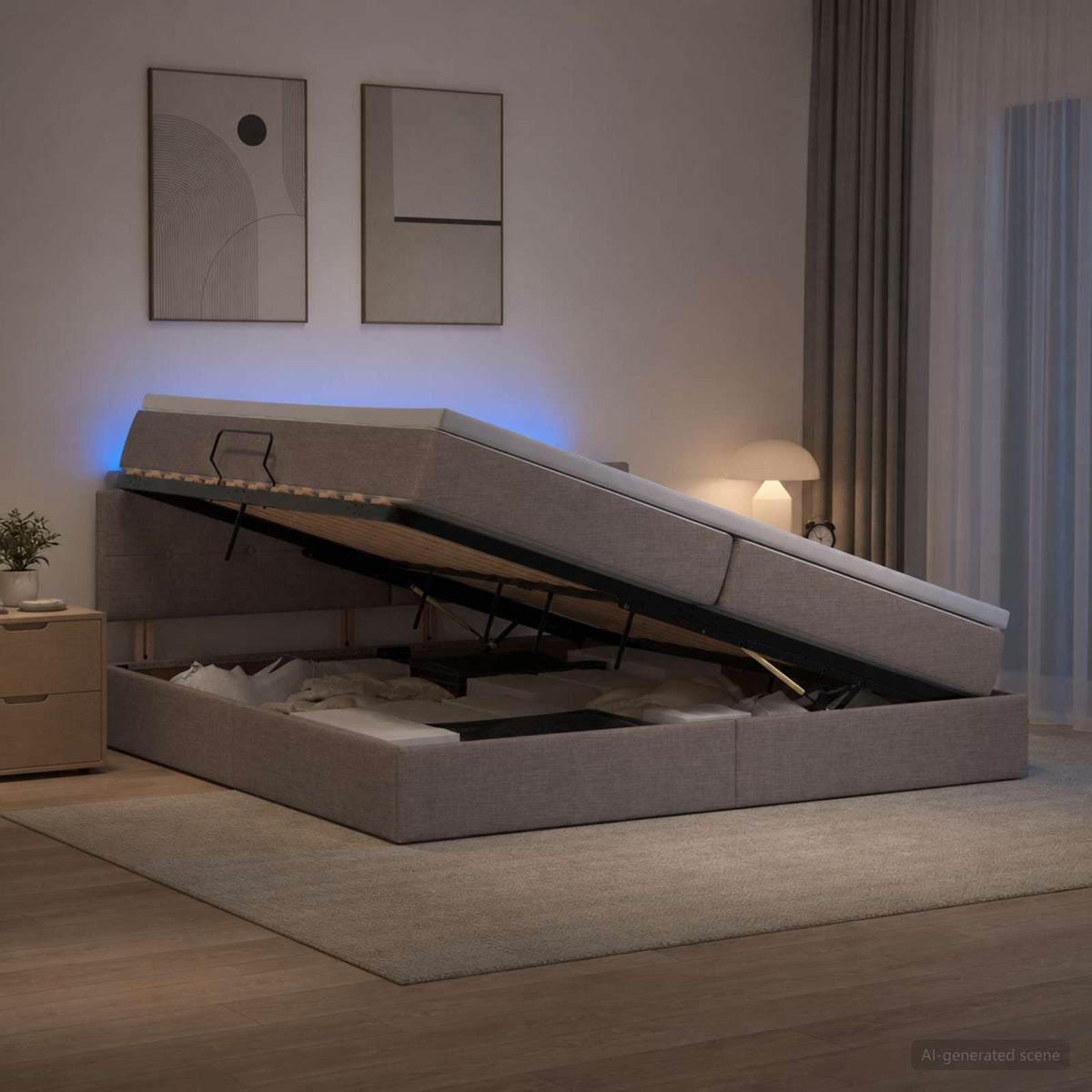 LED Κρεβάτι αποθήκευσης με στρώμα Taupe 200 x 200 cm Ύφασμα