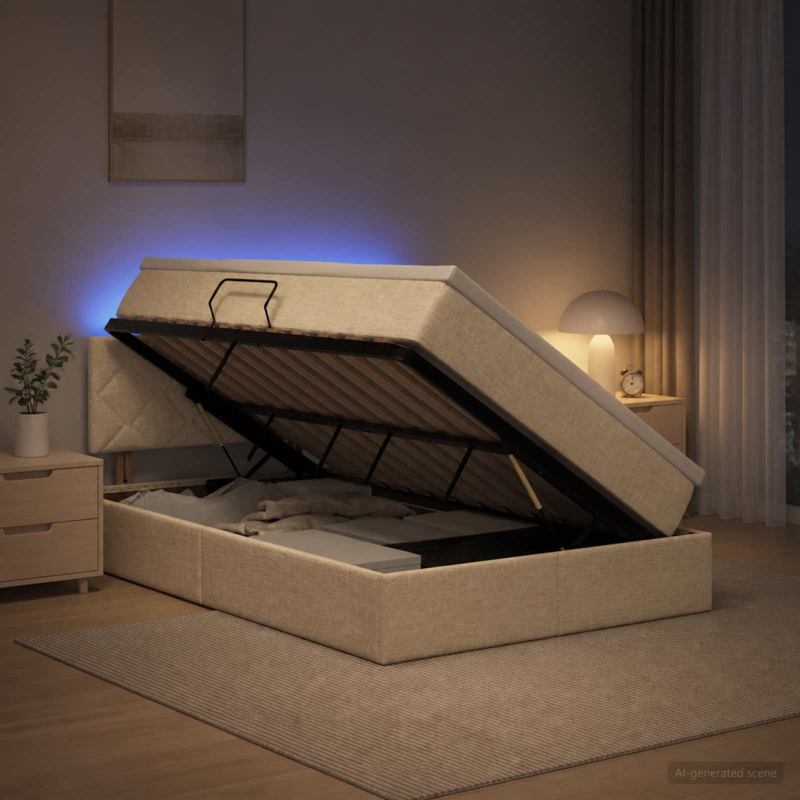 LED Κρεβάτι αποθήκευσης με στρώμα Κρεμ 120 x 200 cm Ύφασμα