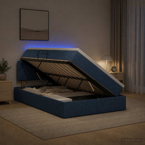 LED Κρεβάτι αποθήκευσης με στρώμα Μπλε 120 x 190 cm Ύφασμα