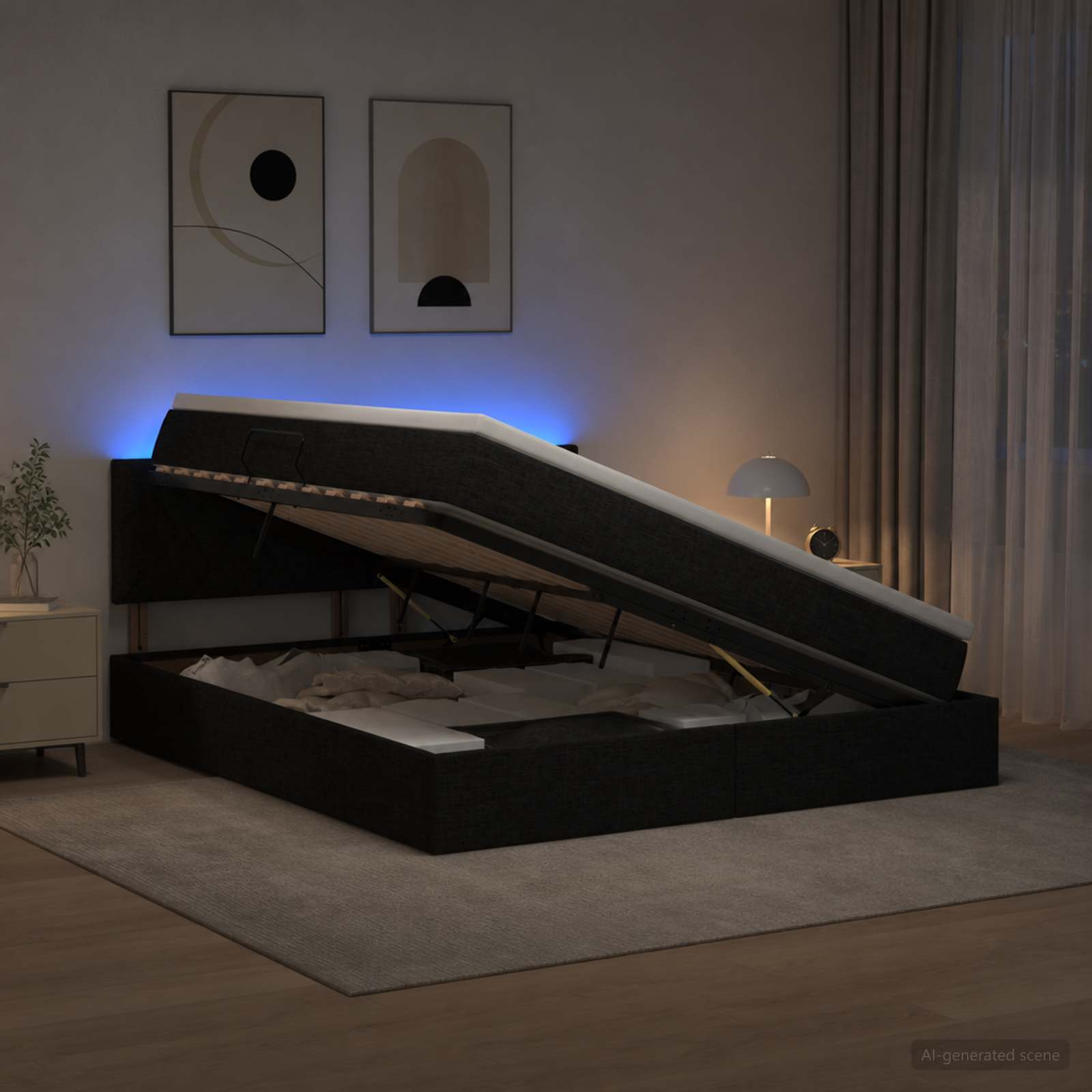 LED Κρεβάτι αποθήκευσης με στρώμα Μαύρο 140 x 190 cm Ύφασμα - Pakobazaar