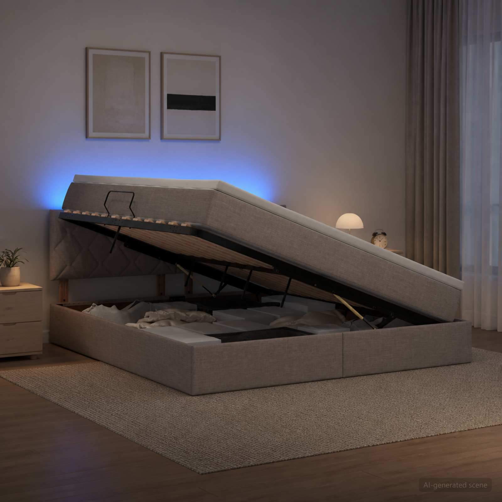 LED Κρεβάτι αποθήκευσης με στρώμα Taupe 160 x 200 cm Ύφασμα
