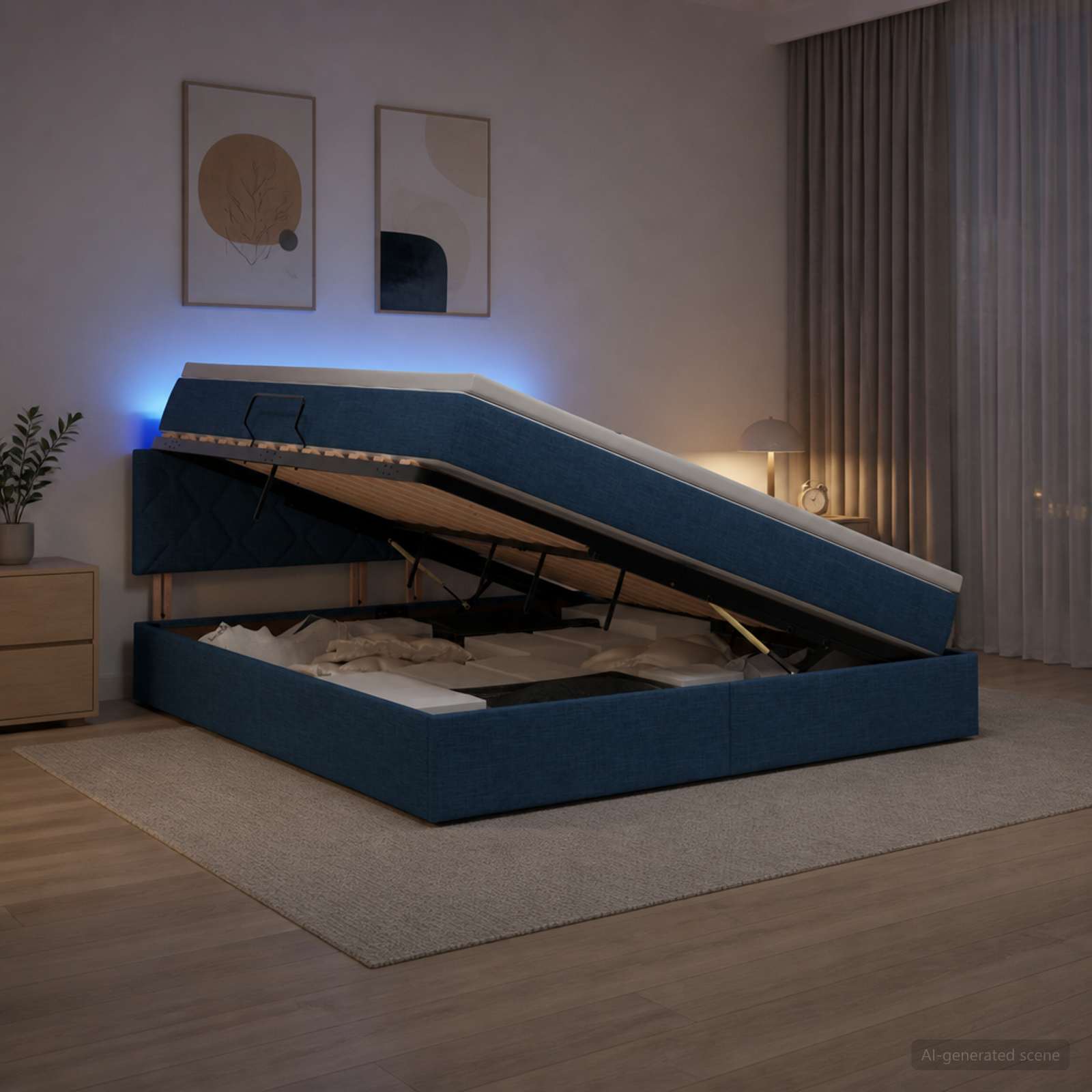 LED Κρεβάτι αποθήκευσης με στρώμα Μπλε 160 x 200 cm Ύφασμα - Pakobazaar
