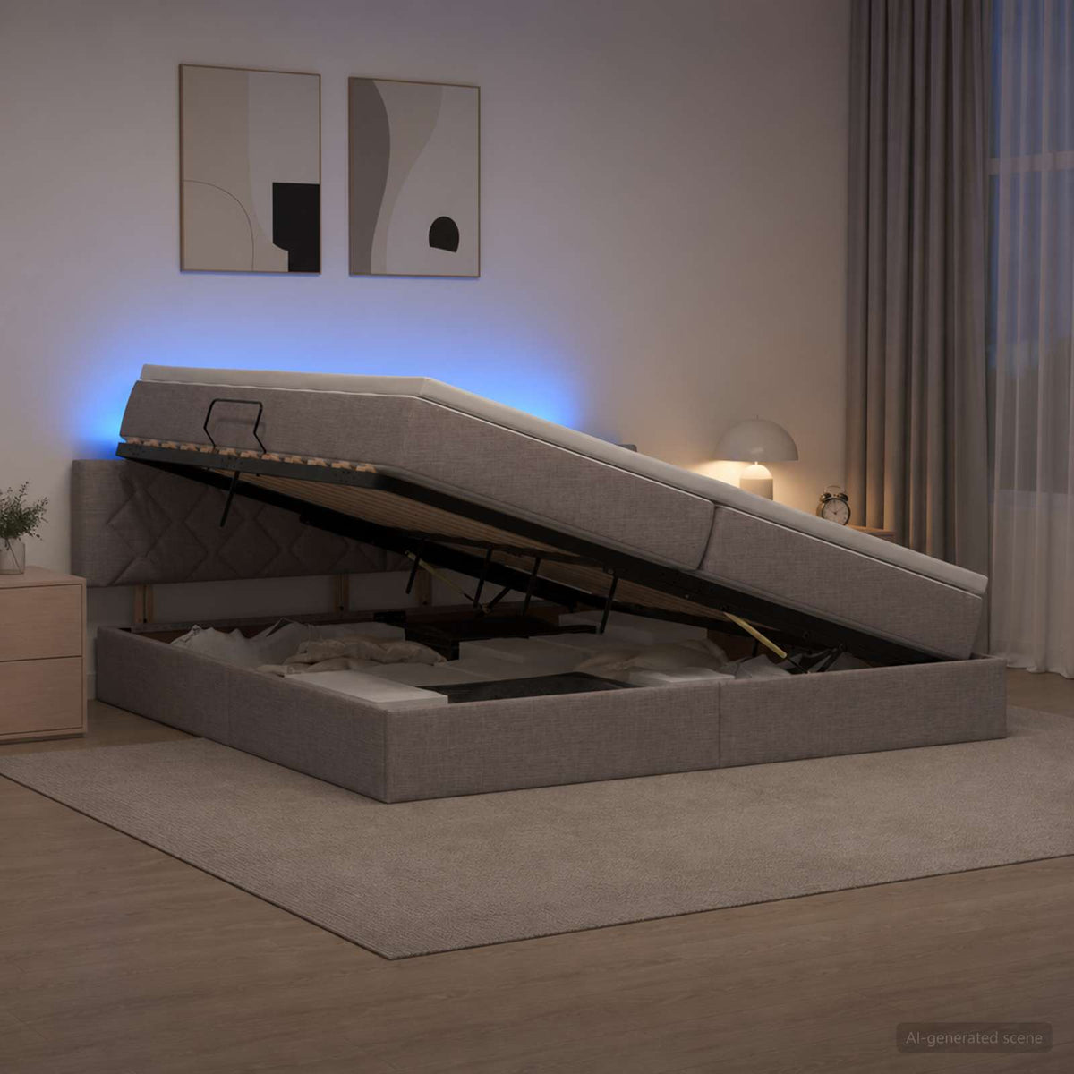 LED Κρεβάτι αποθήκευσης με στρώμα Taupe 200 x 200 cm Ύφασμα - Pakobazaar