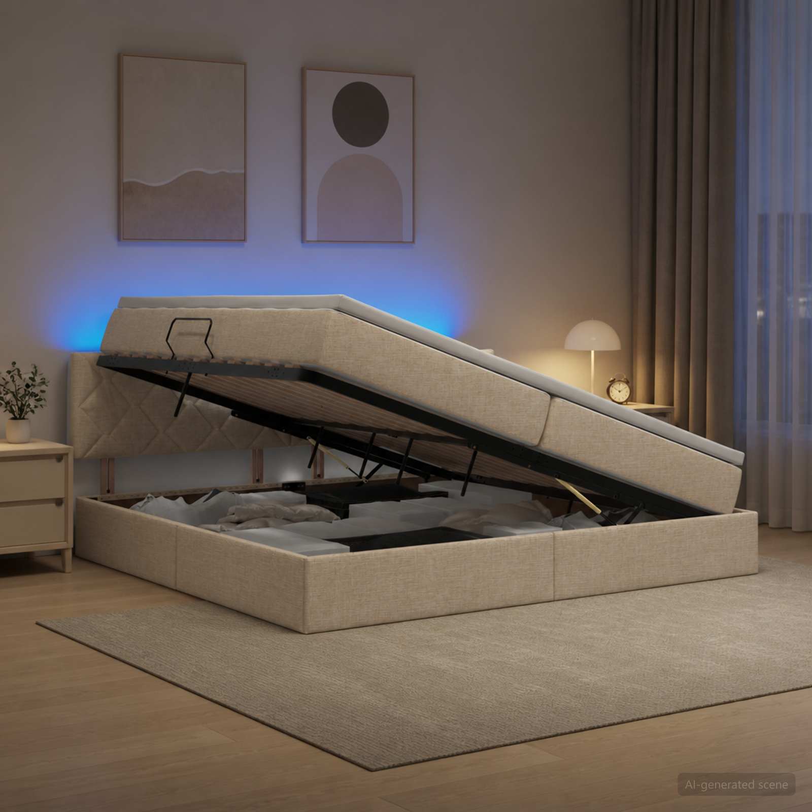 LED Κρεβάτι αποθήκευσης με στρώμα Κρεμ 200 x 200 cm Ύφασμα