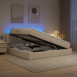LED Κρεβάτι αποθήκευσης με στρώμα Κρεμ 200 x 200 cm Ύφασμα