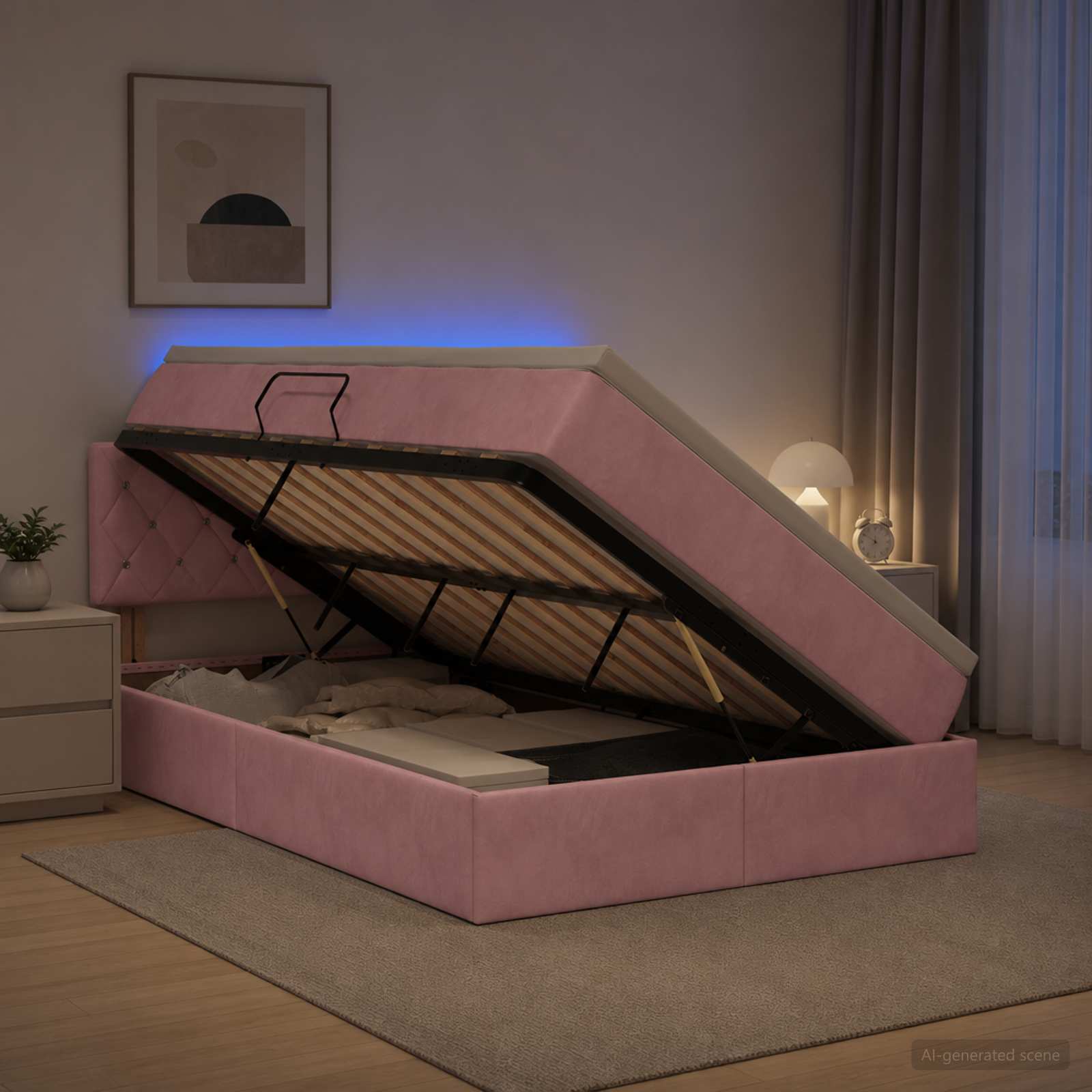 LED Κρεβάτι αποθήκευσης με στρώμα Ροζ 120 x 190 cm Βελούδο