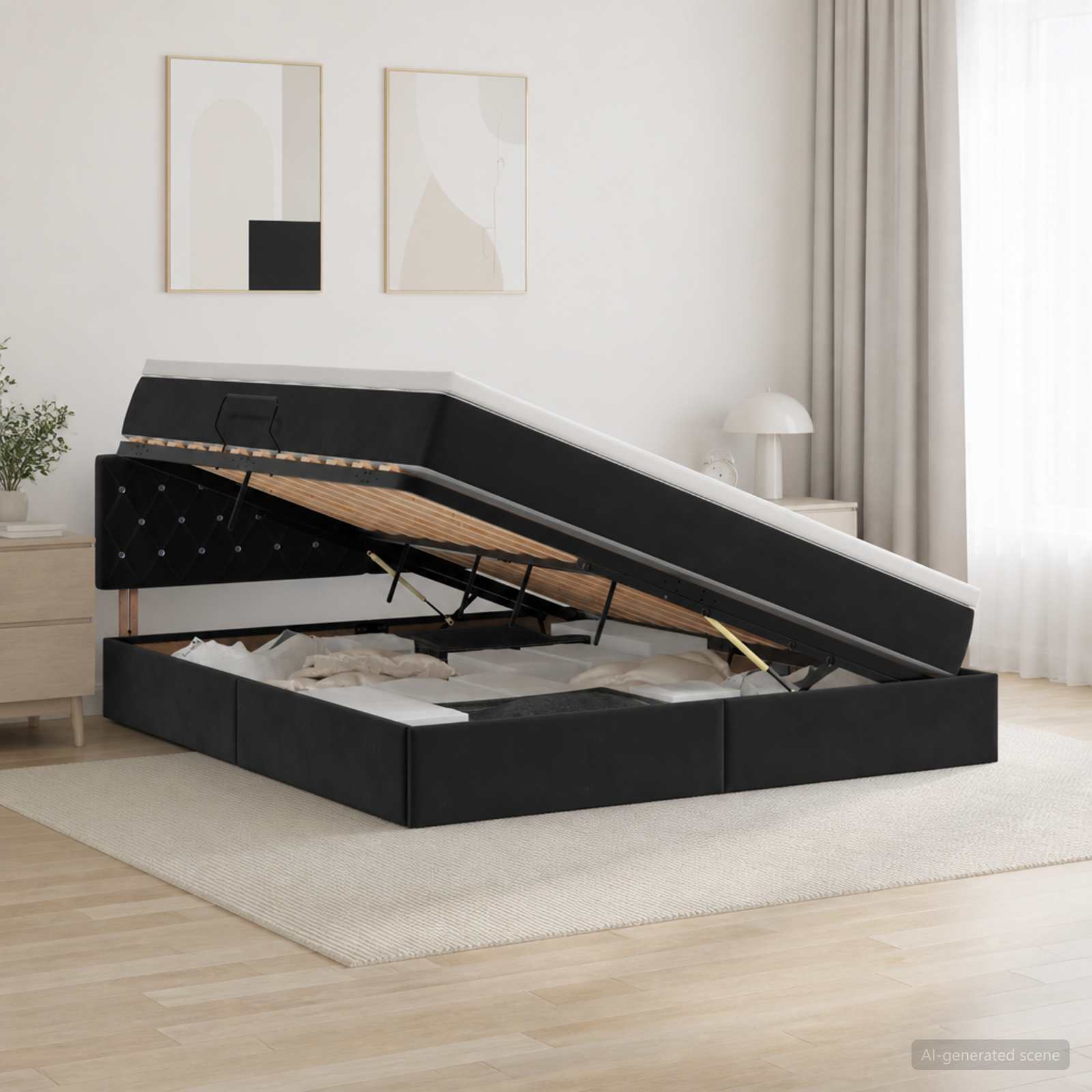 LED Κρεβάτι αποθήκευσης με στρώμα Μαύρο 160 x 200 cm Βελούδο - Pakobazaar