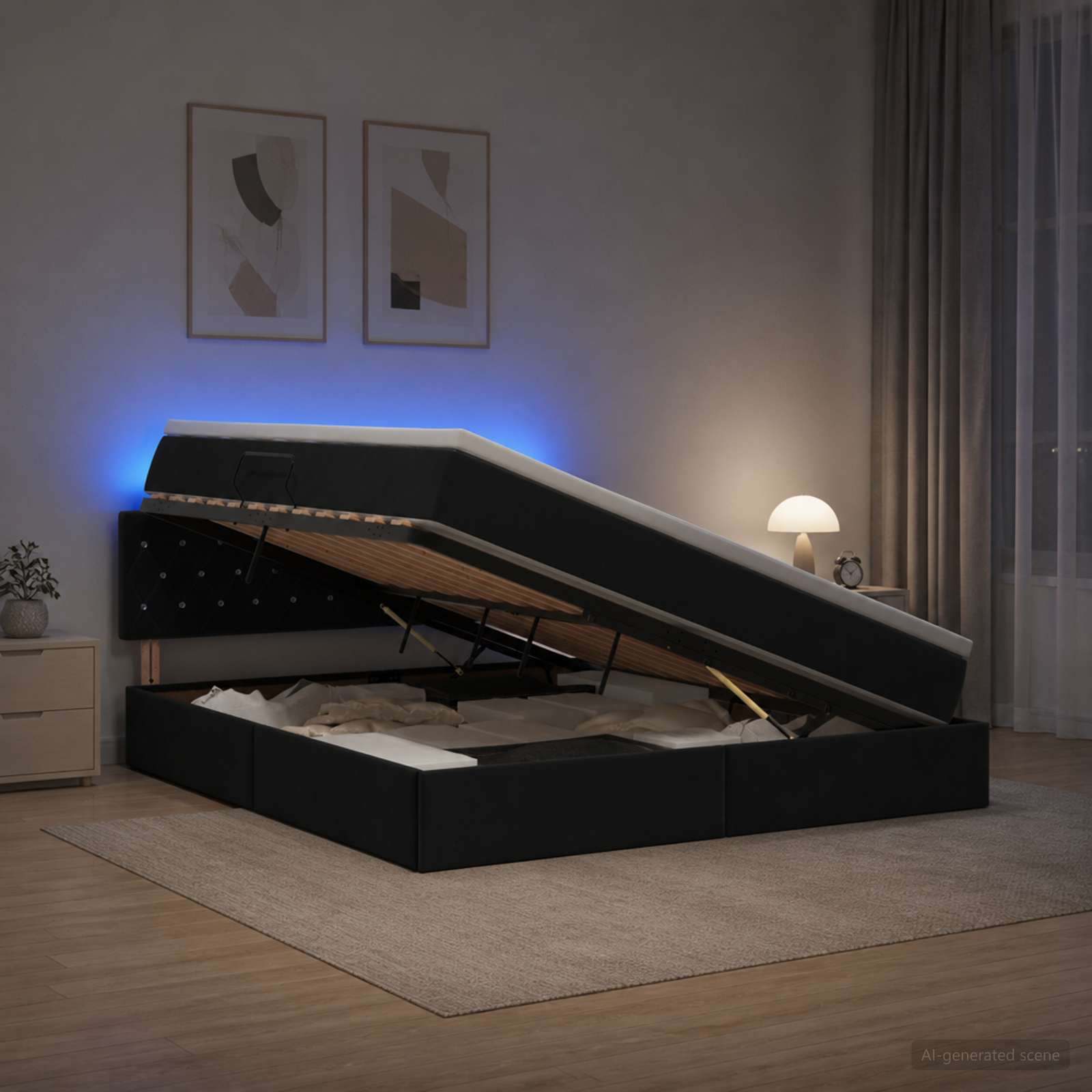 LED Κρεβάτι αποθήκευσης με στρώμα Μαύρο 160 x 200 cm Βελούδο - Pakobazaar