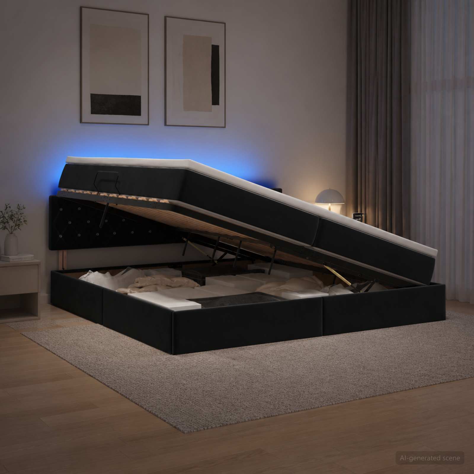 LED Κρεβάτι αποθήκευσης με στρώμα Μαύρο 200 x 200 cm Βελούδο