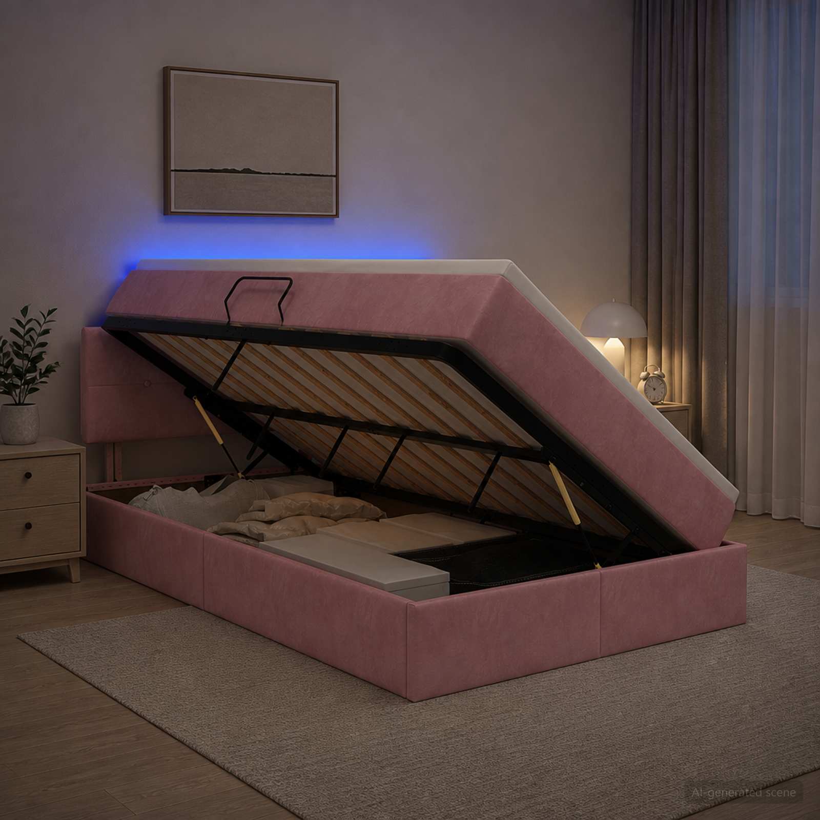 LED Κρεβάτι αποθήκευσης με στρώμα Ροζ 120 x 200 cm Βελούδο - Pakobazaar