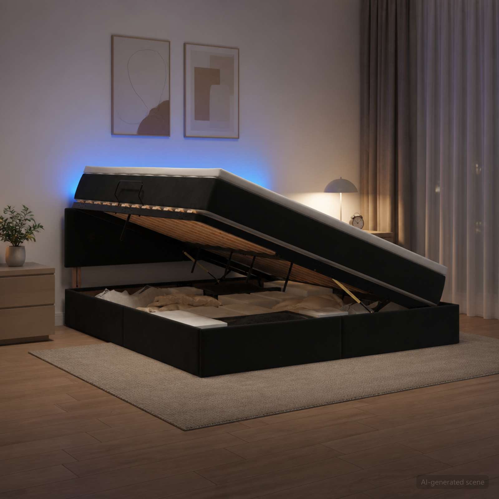 LED Κρεβάτι αποθήκευσης με στρώμα Μαύρο 160 x 200 cm Βελούδο - Pakobazaar