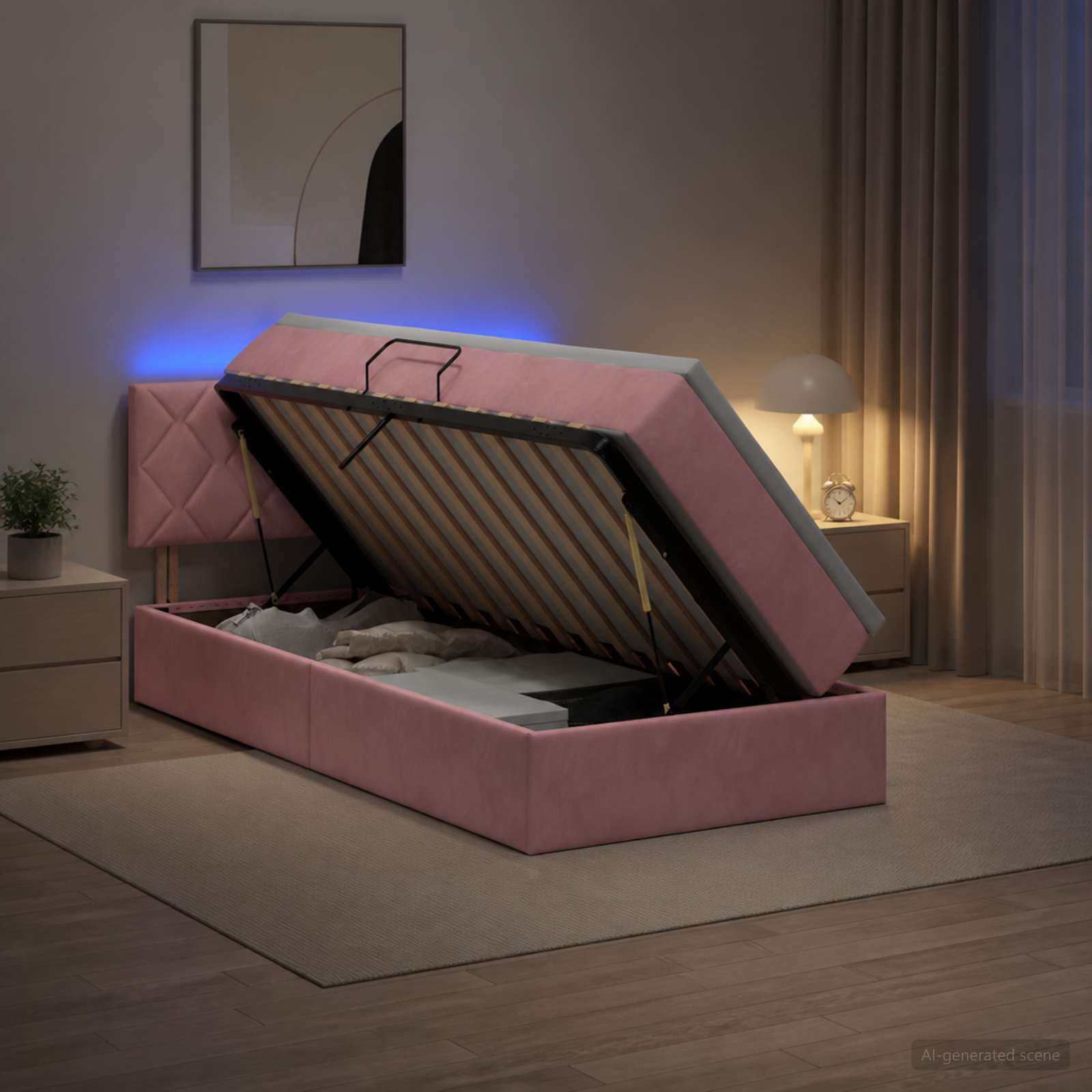 LED Κρεβάτι αποθήκευσης με στρώμα Ροζ 90 x 190 cm Βελούδο