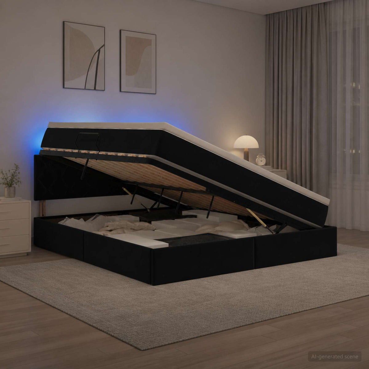 LED Κρεβάτι αποθήκευσης με στρώμα Μαύρο 160 x 200 cm Βελούδο - Pakobazaar