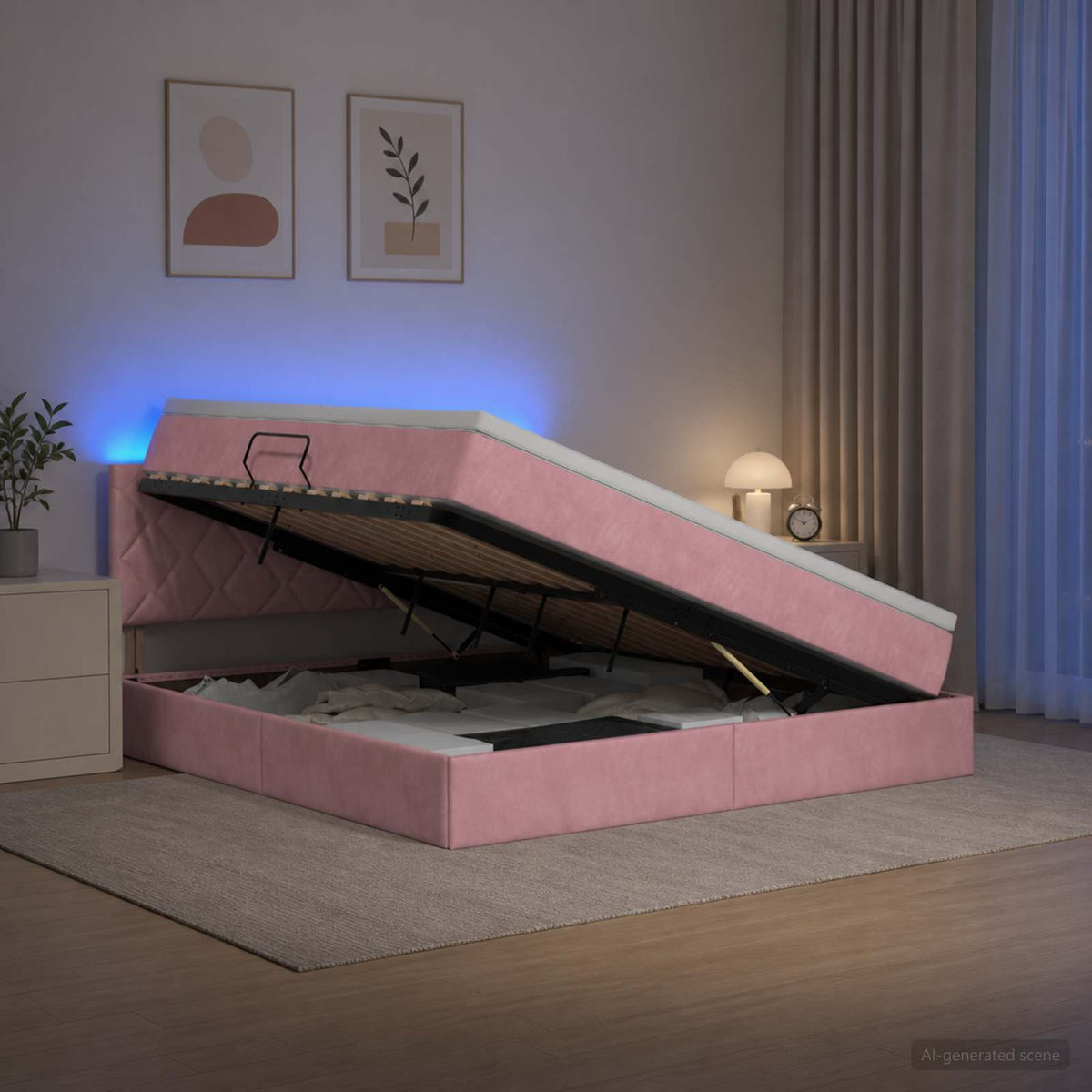 LED Κρεβάτι αποθήκευσης με στρώμα Ροζ 140 x 190 cm Βελούδο - Pakobazaar