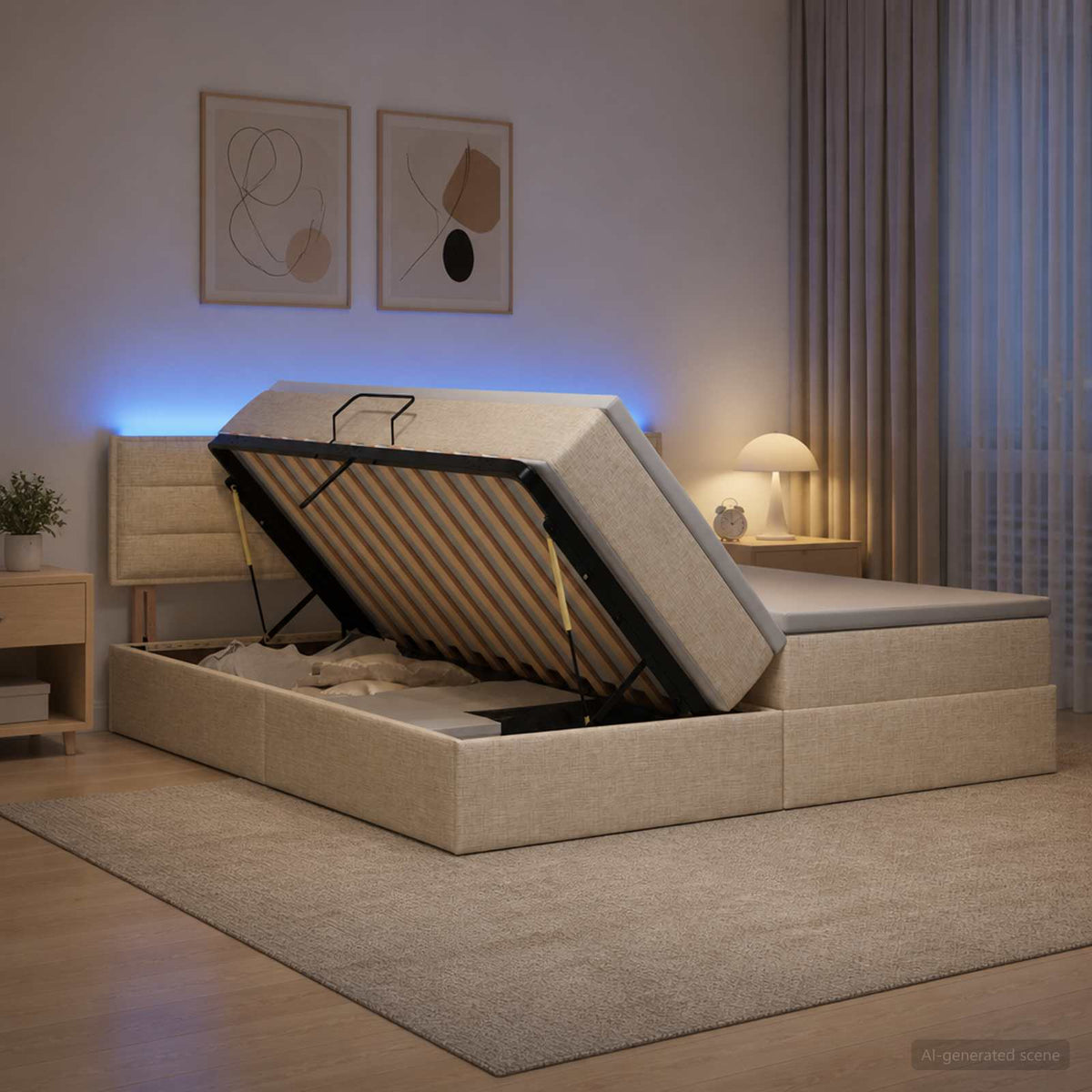 LED Κρεβάτι αποθήκευσης με στρώμα Κρεμ 180 x 200 cm Ύφασμα - Pakobazaar