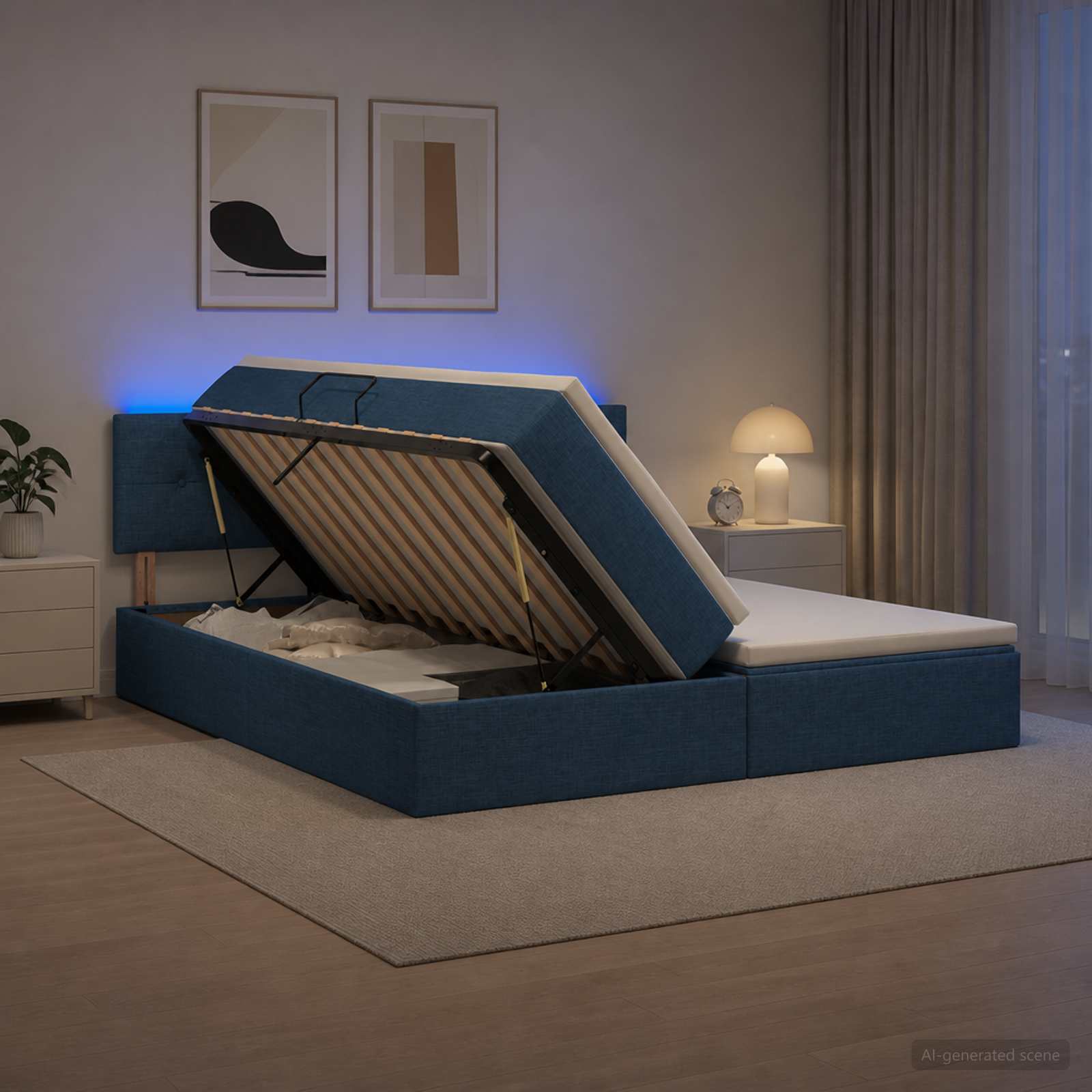 LED Κρεβάτι αποθήκευσης με στρώμα Μπλε 180 x 200 cm Ύφασμα - Pakobazaar