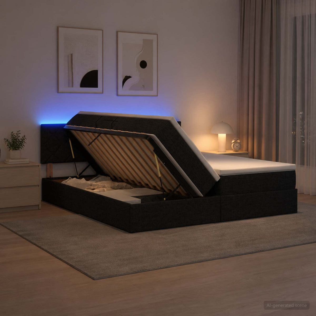 LED Κρεβάτι αποθήκευσης με στρώμα Μαύρο 180 x 200 cm Ύφασμα - Pakobazaar