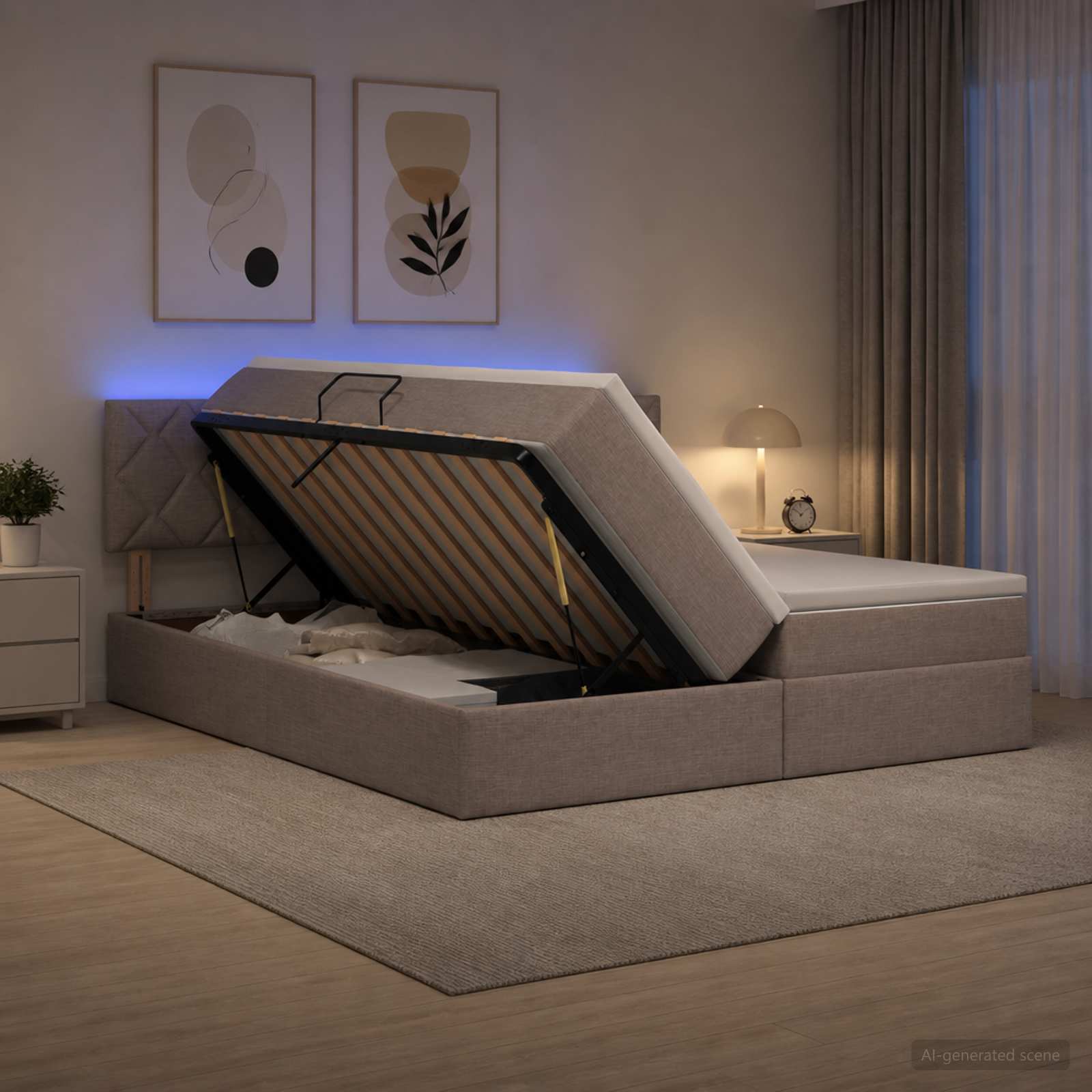 LED Κρεβάτι αποθήκευσης με στρώμα Taupe 200 x 200 cm Ύφασμα - Pakobazaar
