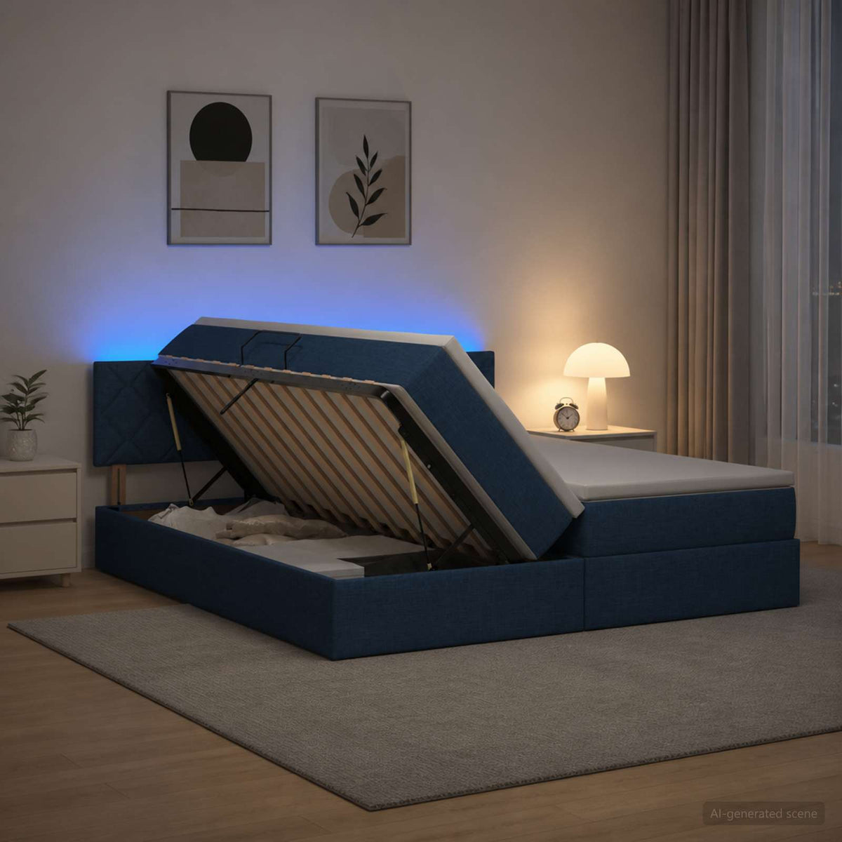 LED Κρεβάτι αποθήκευσης με στρώμα Μπλε 180 x 200 cm Ύφασμα - Pakobazaar