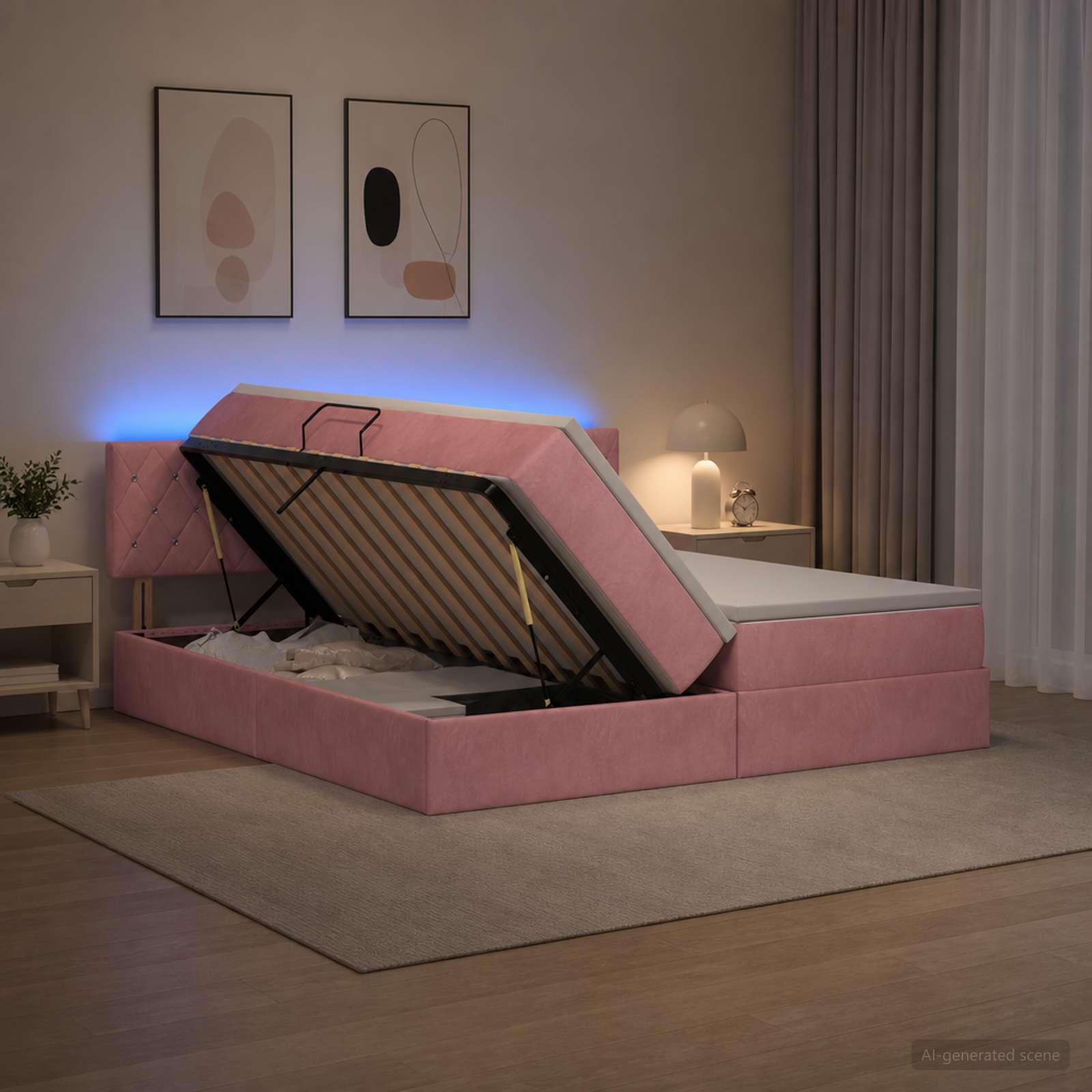 LED Κρεβάτι αποθήκευσης με στρώμα Ροζ 180 x 200 cm Βελούδο