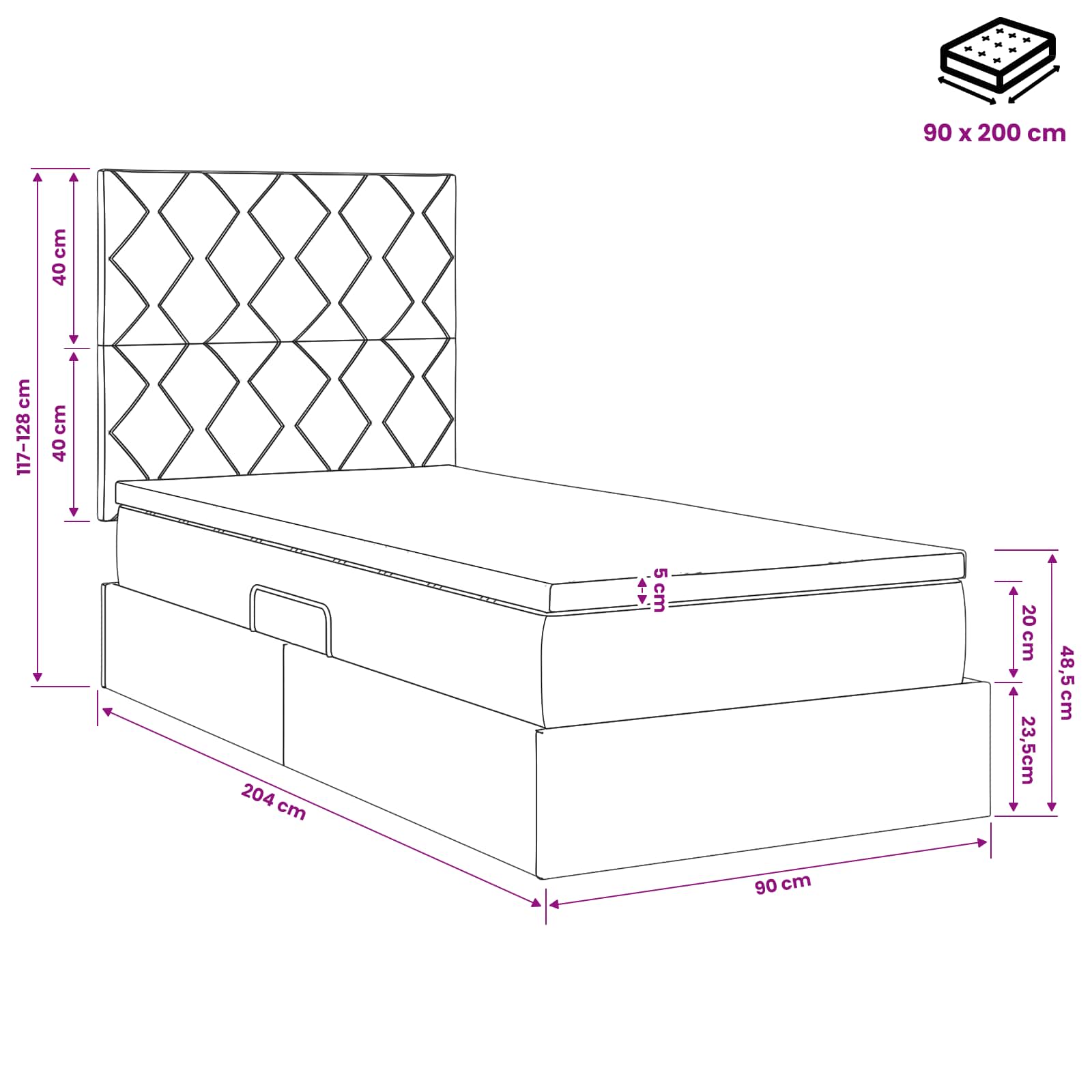 Κρεβάτι με αποθηκευτικό χώρο και στρώμα Μαύρο 90 x 200 cm - Pakobazaar
