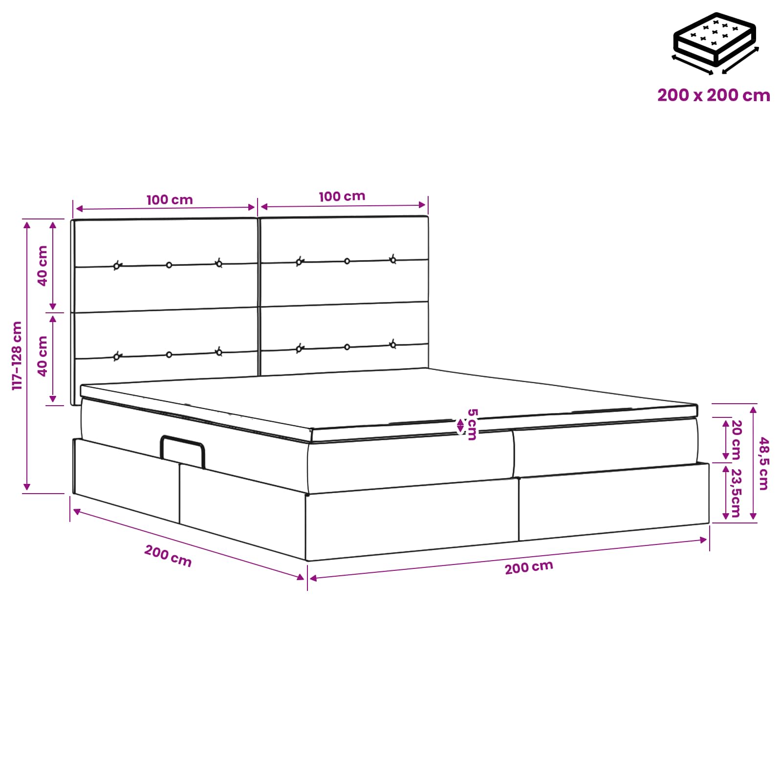 Κρεβάτι Αποθήκης με κεφαλάρι Σκούρο Γκρι 200 x 200 cm Ύφασμα - Pakobazaar