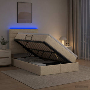LED Κρεβάτι αποθήκευσης με στρώμα Κρεμ 120 x 190 cm Ύφασμα