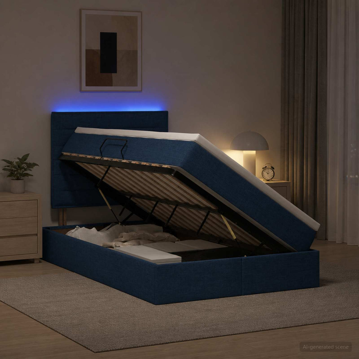 LED Κρεβάτι αποθήκευσης με στρώμα Μπλε 120 x 190 cm Ύφασμα - Pakobazaar