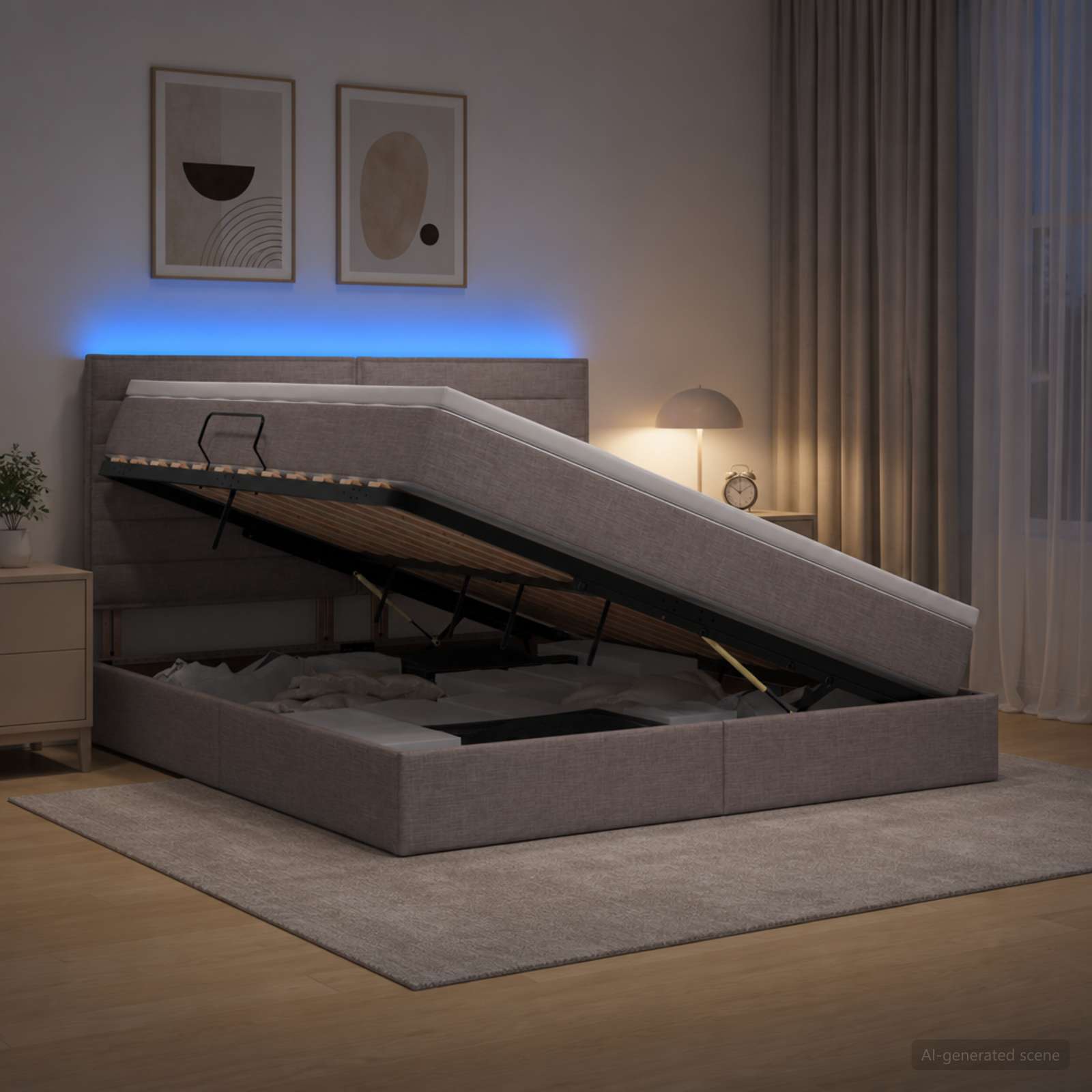 LED Κρεβάτι αποθήκευσης με στρώμα Taupe 140 x 190 cm Ύφασμα - Pakobazaar