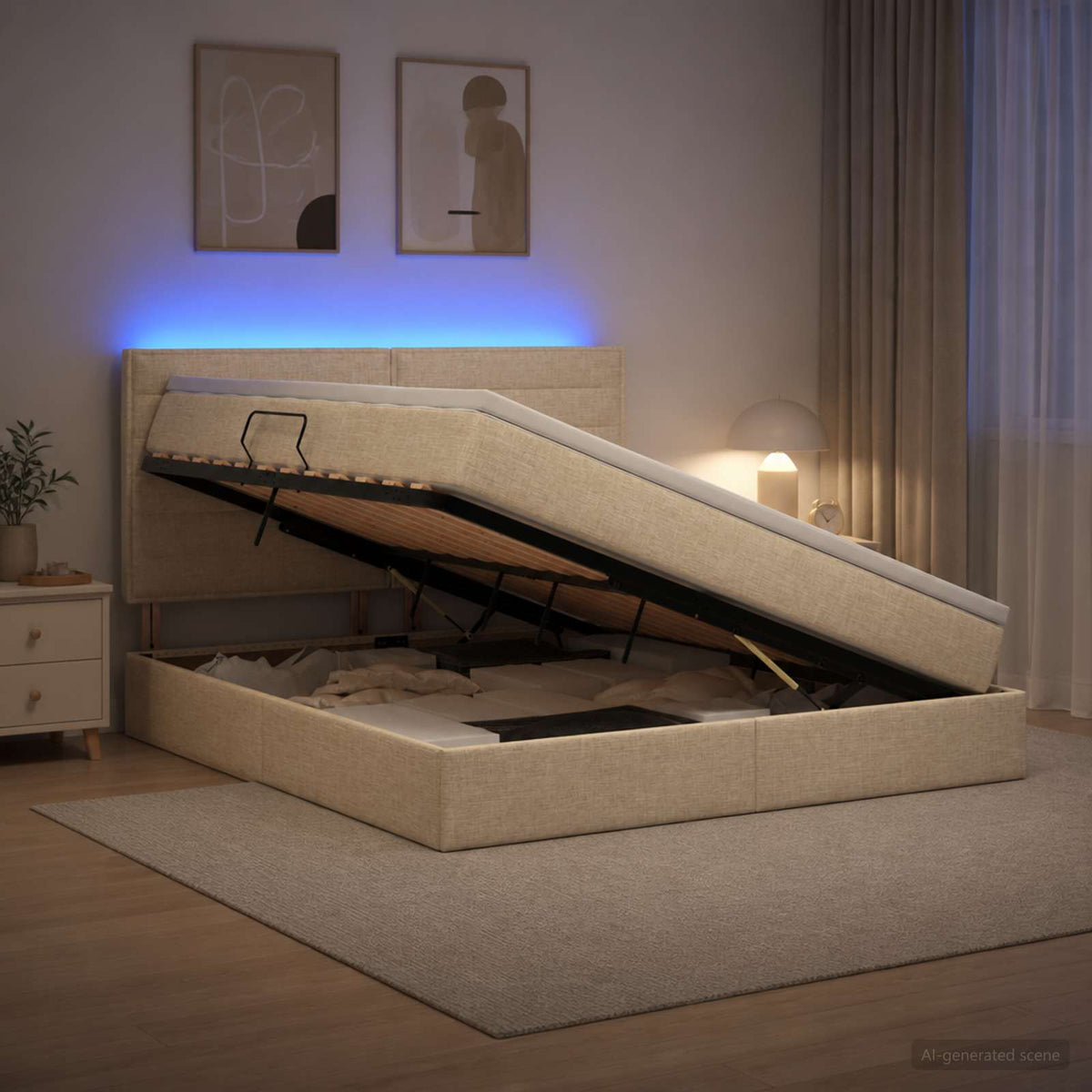 LED Κρεβάτι αποθήκευσης με στρώμα Κρεμ 160 x 200 cm Ύφασμα - Pakobazaar