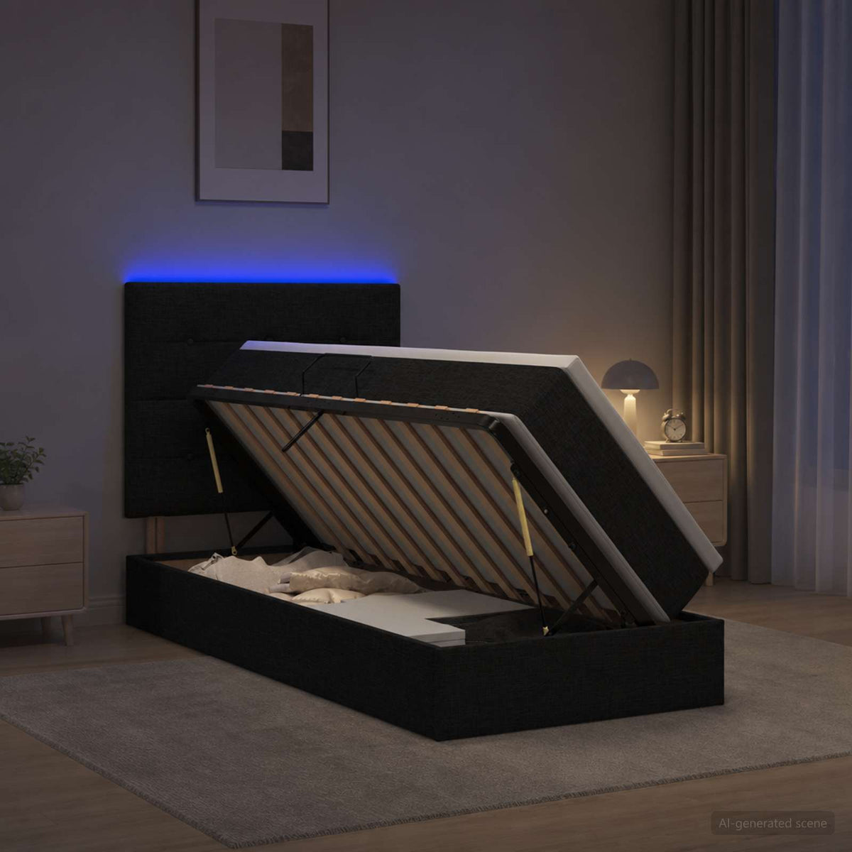 LED Κρεβάτι αποθήκευσης με στρώμα Μαύρο 100 x 200 cm Ύφασμα - Pakobazaar