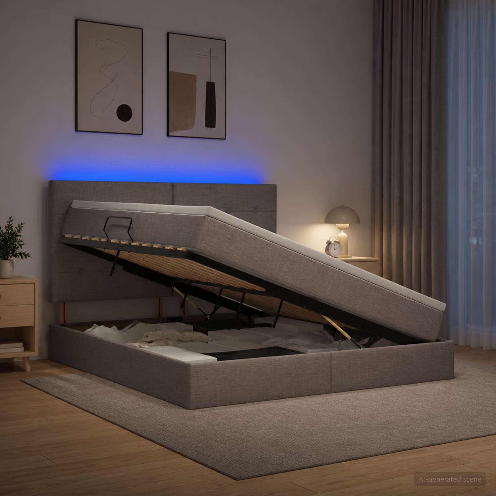 LED Κρεβάτι αποθήκευσης με στρώμα Taupe 140 x 190 cm Ύφασμα