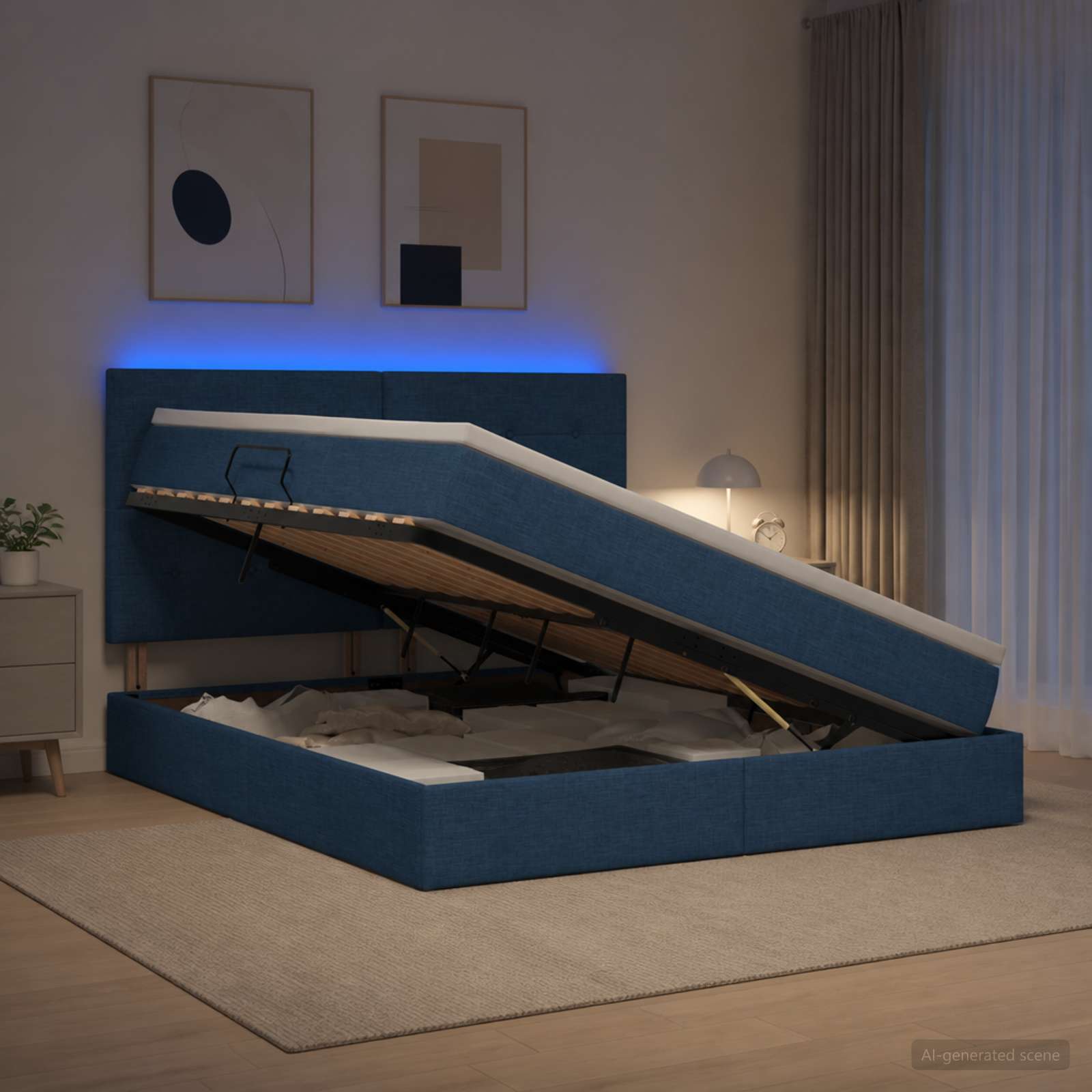 LED Κρεβάτι αποθήκευσης με στρώμα Μπλε 180 x 200 cm Ύφασμα