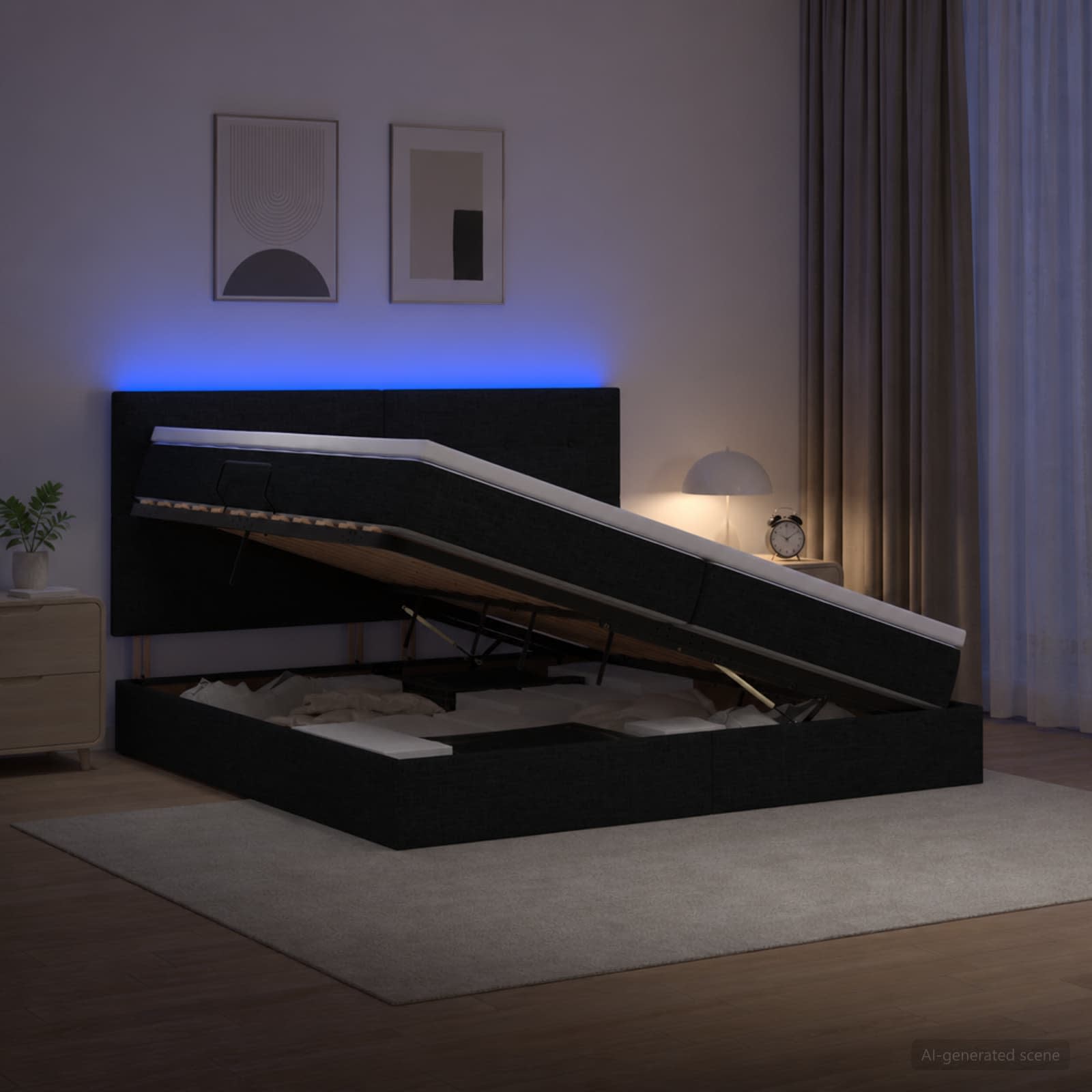 LED Κρεβάτι αποθήκευσης με στρώμα Μαύρο 200 x 200 cm Ύφασμα - Pakobazaar