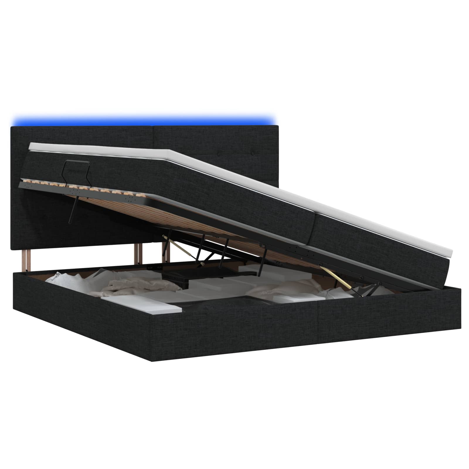 LED Κρεβάτι αποθήκευσης με στρώμα Μαύρο 200 x 200 cm Ύφασμα - Pakobazaar