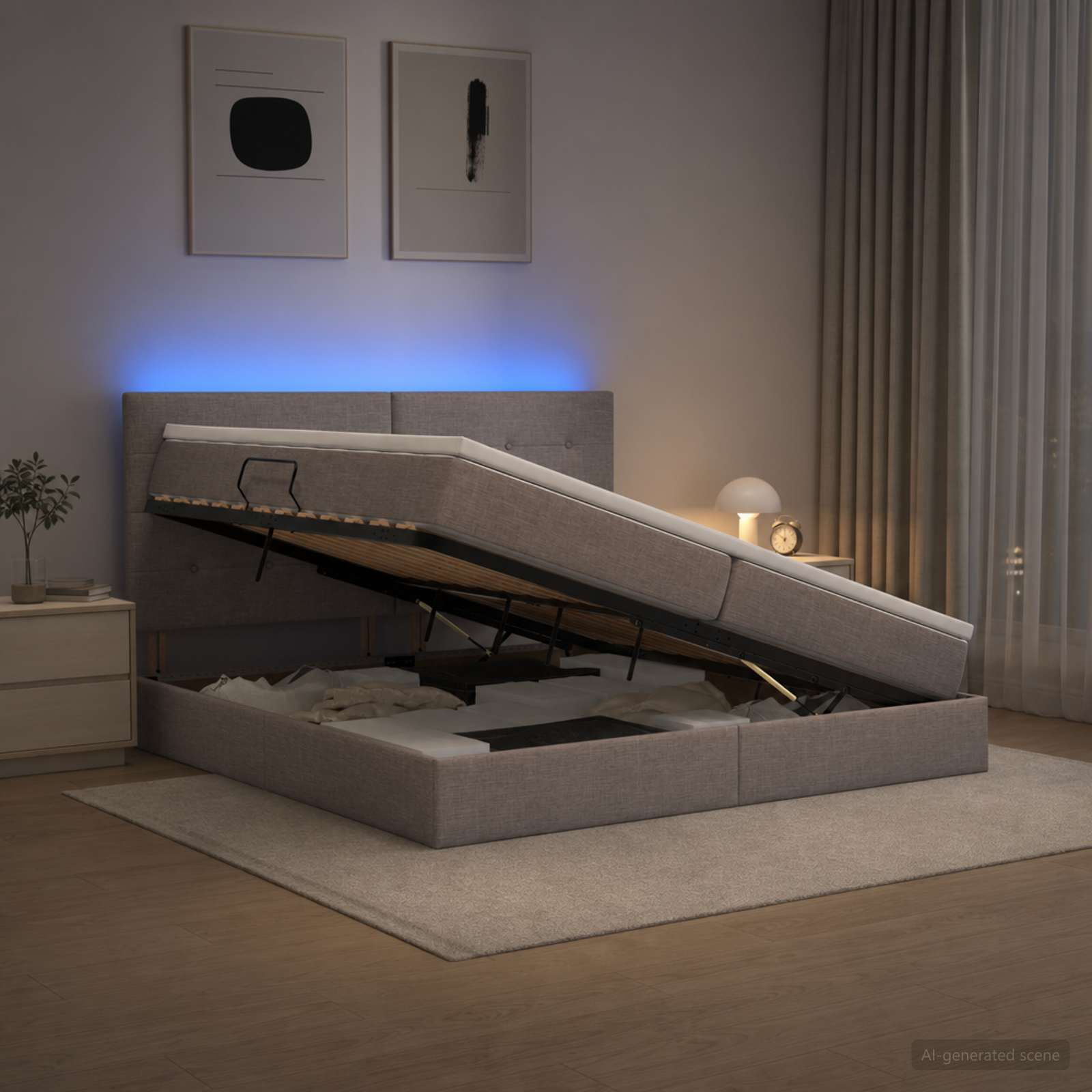 LED Κρεβάτι αποθήκευσης με στρώμα Taupe 200 x 200 cm Ύφασμα - Pakobazaar